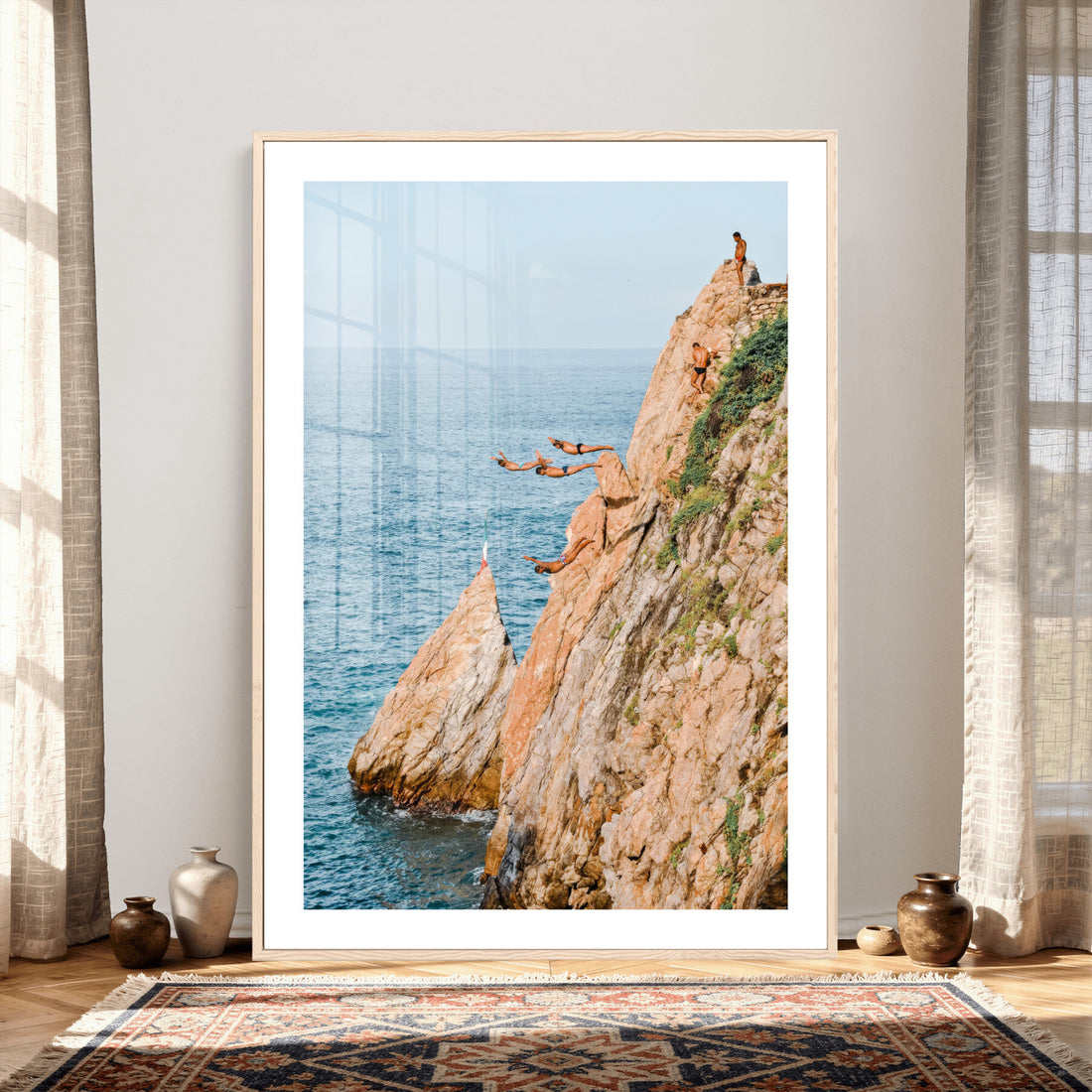 Cliff Dive Wall Art | Ocean Jump Canvas Print, Blue Sky