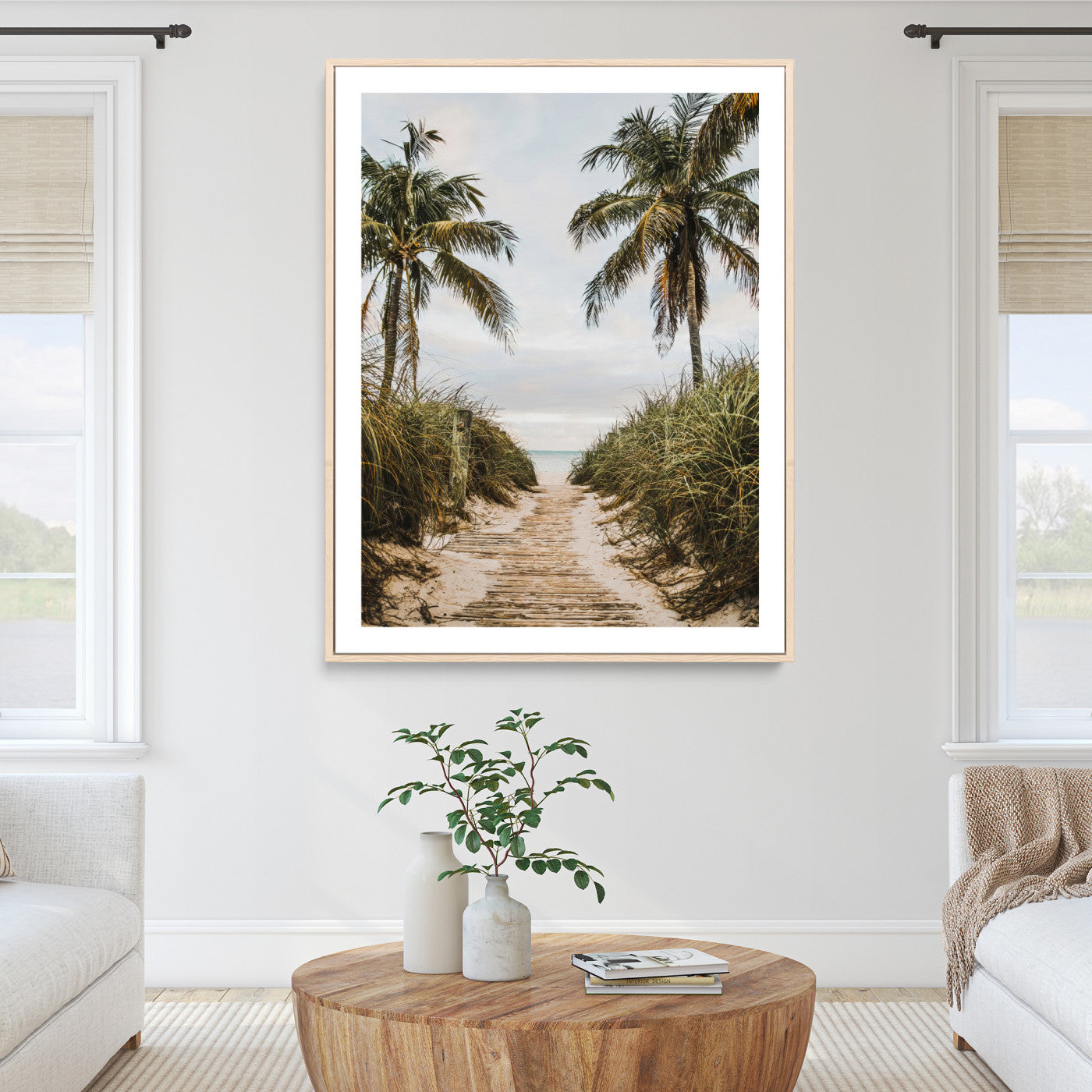 47319550-MGC-FP-36x24_Natural-Tropical Beach Wall Art Canvas Print – Framed Coastal Palm Tree Scene with Rustic Sand Ocean Artwork for Home, Office
