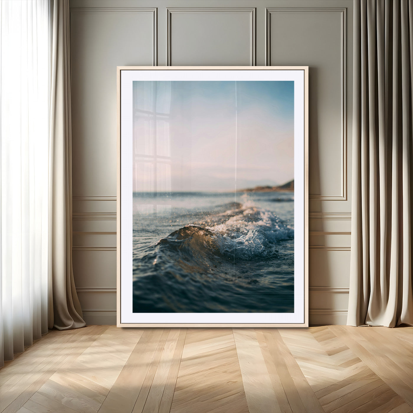 -Ocean Waves Wall Art Canvas Print – Framed Coastal Serenity Golden Hour Modern Nature Scene Artwork for Home Office