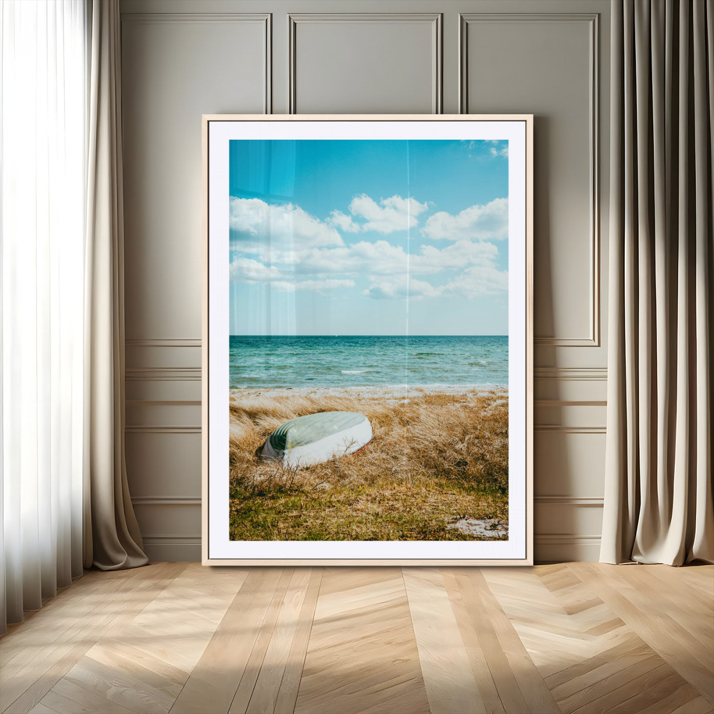 -Coastal Serenity Wall Art Canvas Print – Framed Ocean View Rustic Boat Nautical Scene Artwork for Home Office