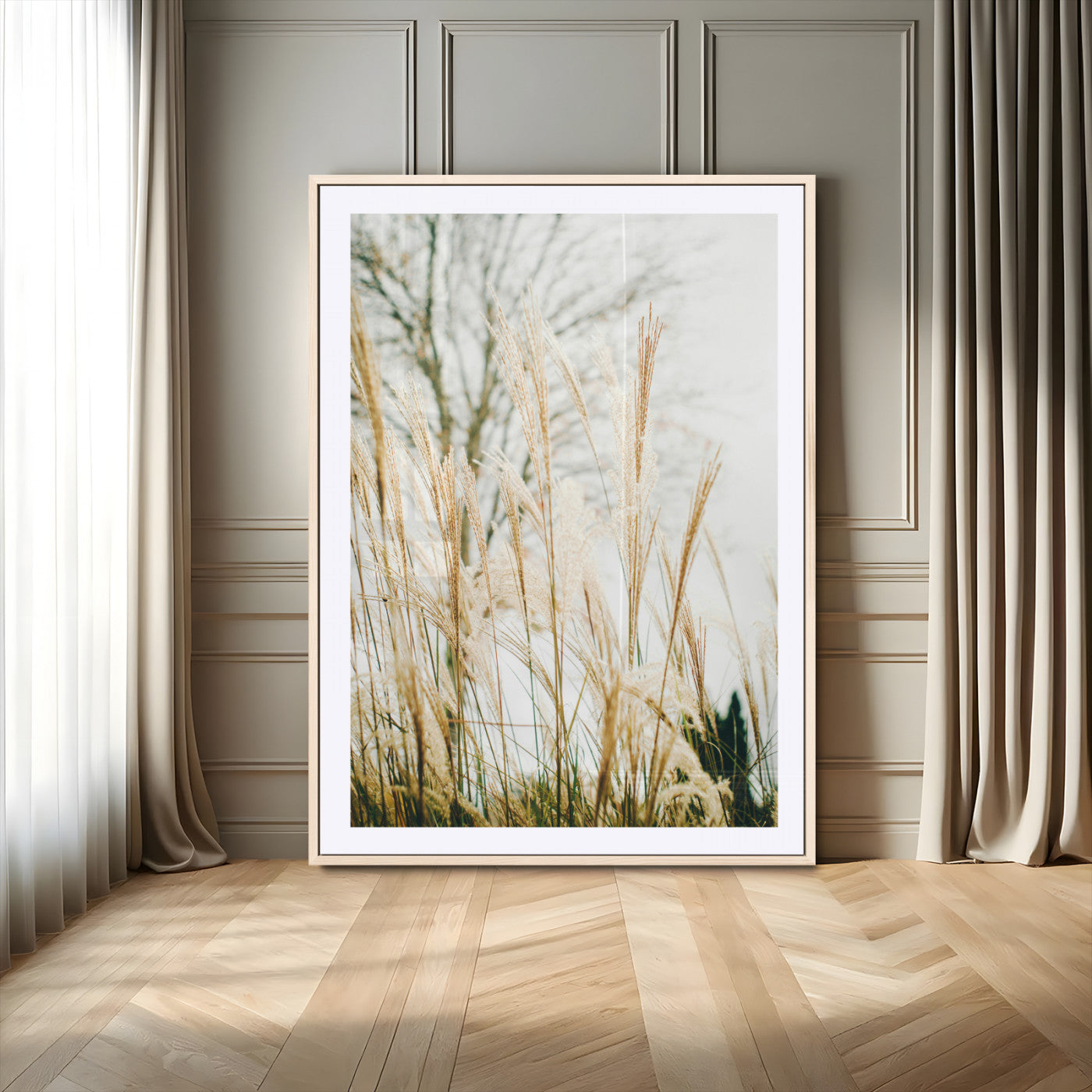 -Pampas Grass Wall Art Canvas Print – Framed Neutral Tones Minimalist Nature Scene Artwork for Home Office