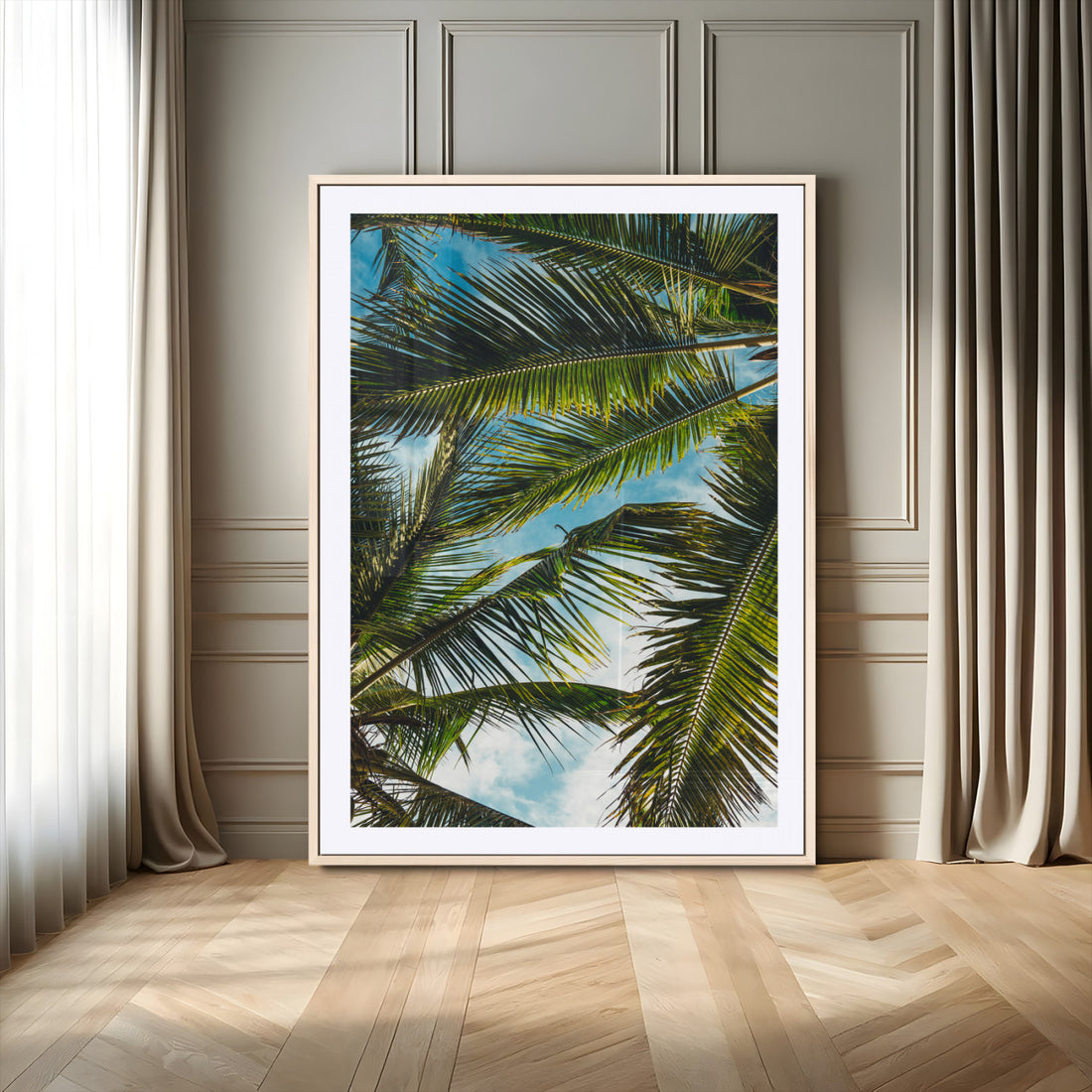 Palm Leaves Wall Art Canvas Print, Framed Tropical Vibes Art, Green Foliage Tropical Boho Decor