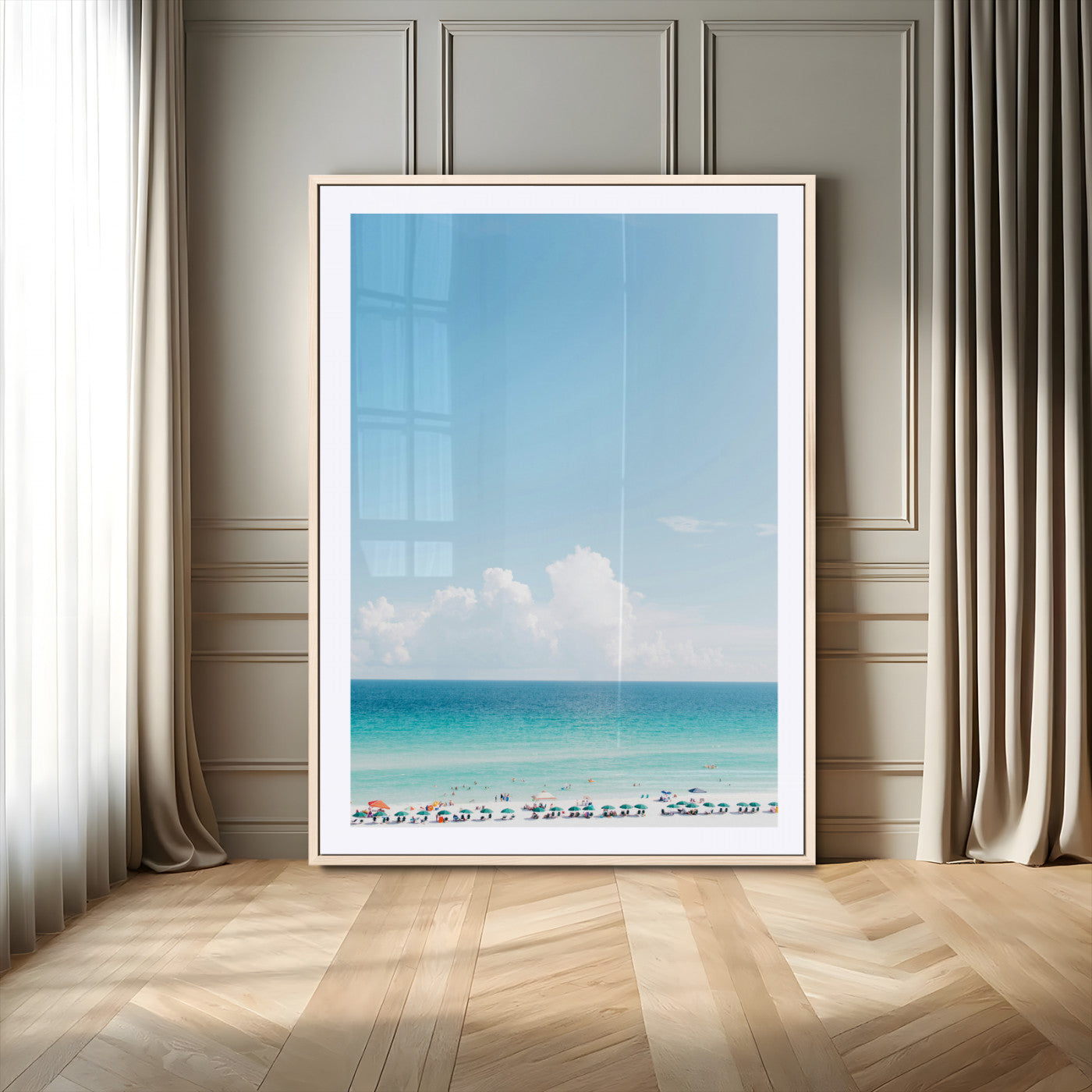 62954953-MGV-CV-24X36-Turquoise Ocean Wall Art Canvas Print – Framed Coastal Serenity White Sand Beach Artwork for Home Office