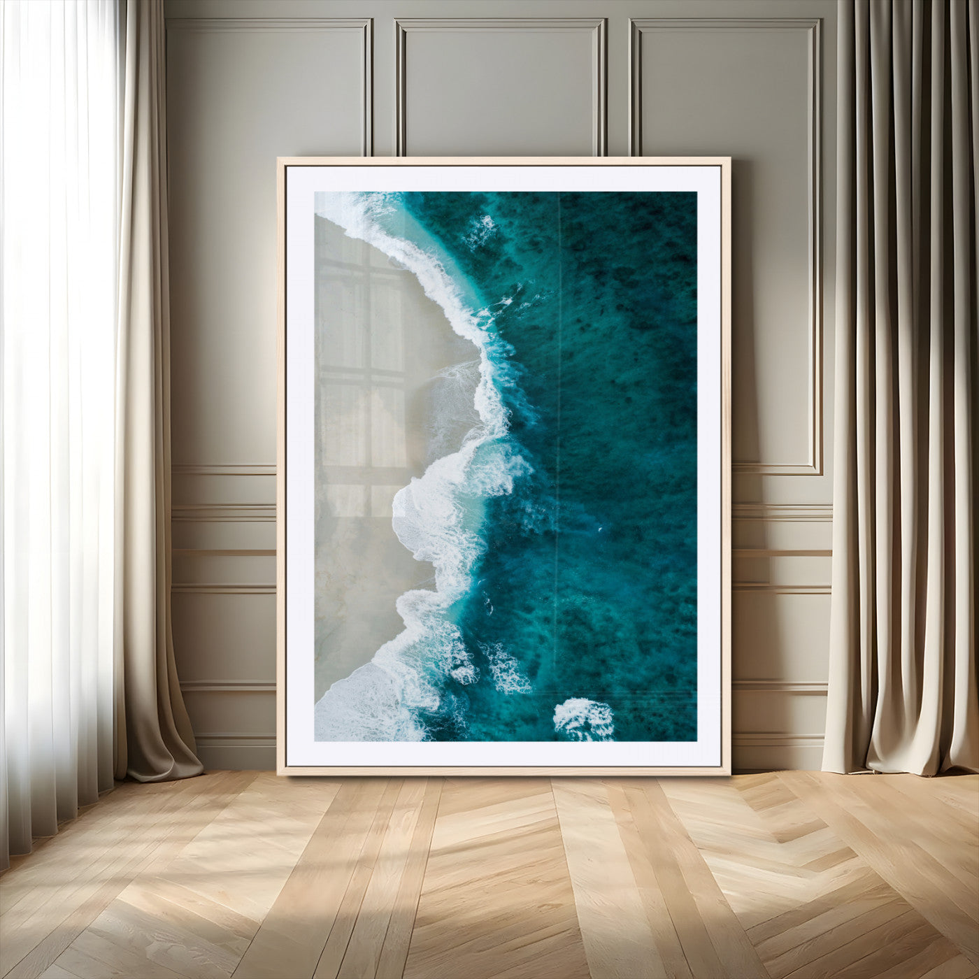 -Aerial Ocean View Wall Art Canvas Print – Framed Coastal Serenity Turquoise Waves Artwork for Home Office