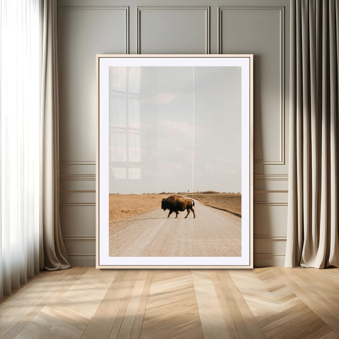 Bison Crossing Wall Art Canvas Print, Framed Western Landscape Art, Prairie Road Modern Ranch Decor