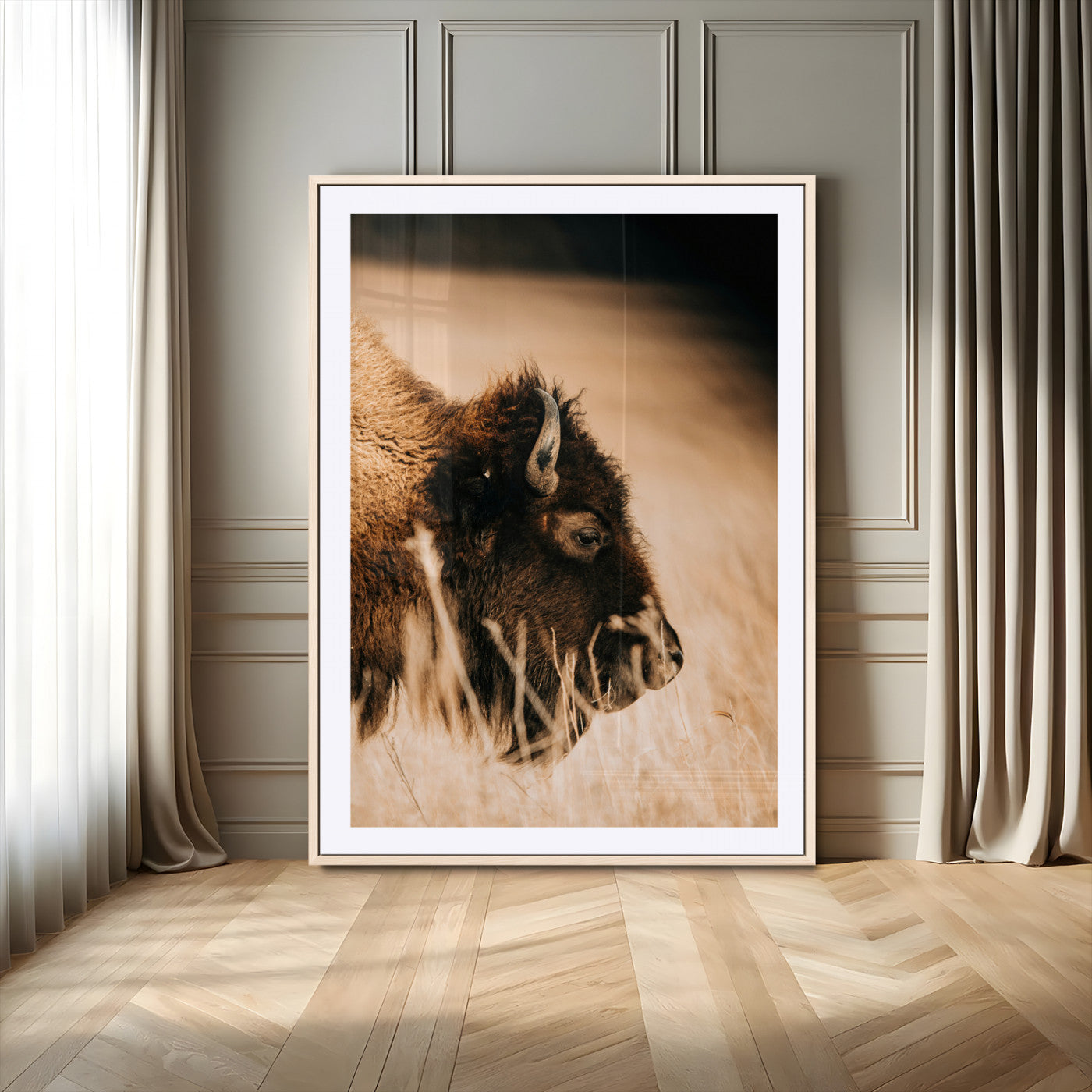 -Bison Portrait Wall Art Canvas Print – Framed Western Prairie Serenity Landscape Artwork for Home Office