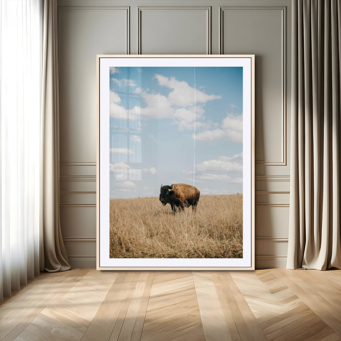 -Bison Photography Wall Art Canvas Print – Framed Western Prairie Serenity Landscape Artwork for Home Office