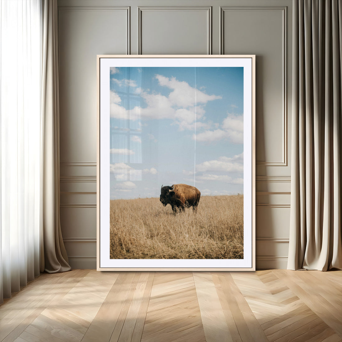 Bison Photography Wall Art Canvas Print, Framed Western Landscape Art, Prairie Serenity Modern Ranch Decor