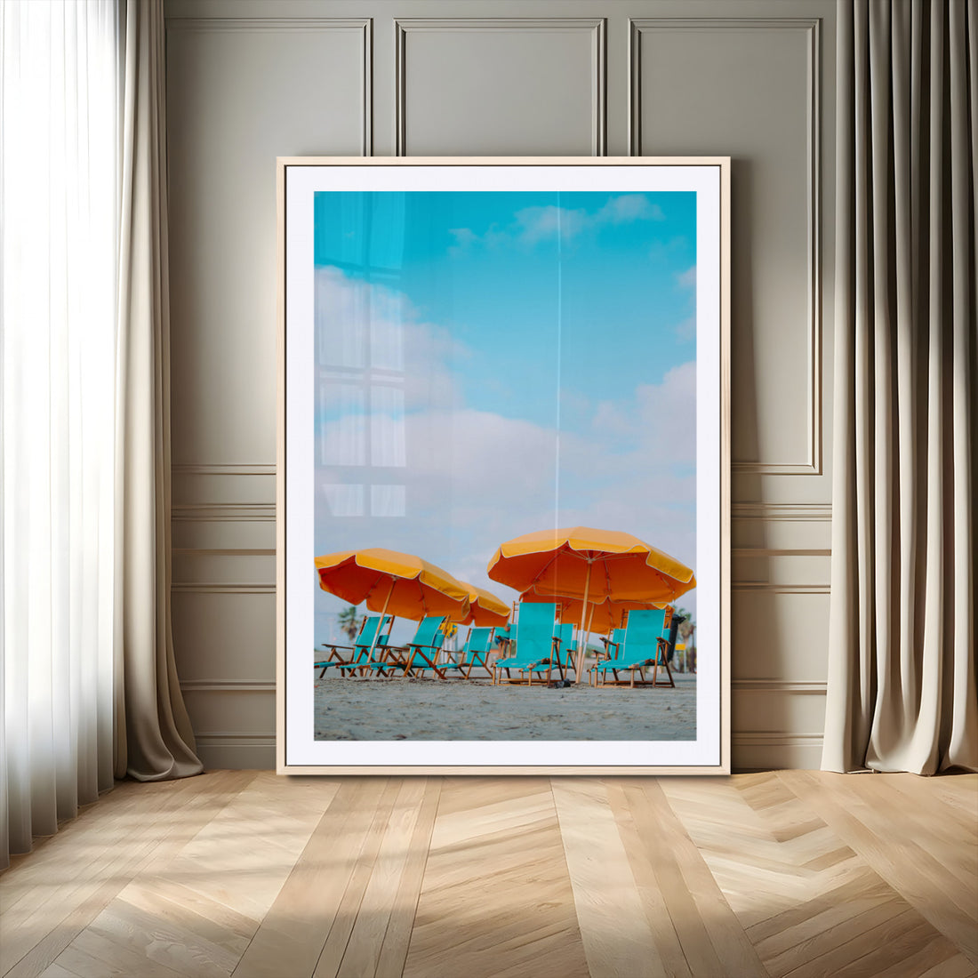 Beach Umbrellas Wall Art Canvas Print, Framed Coastal Vibes Art, Tropical Paradise Boho Coastal Decor