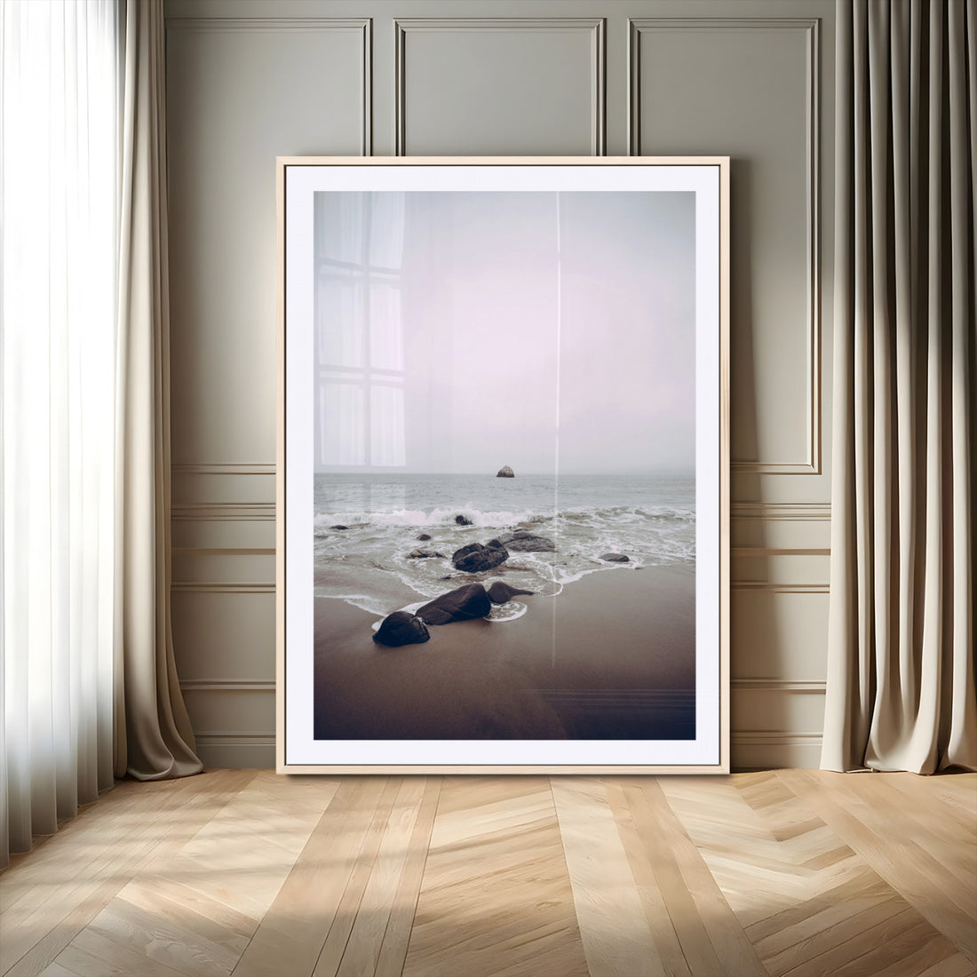 Moody Seascape Wall Art Canvas Print, Framed Neutral Foggy Ocean Beach Art, Minimalist Decor