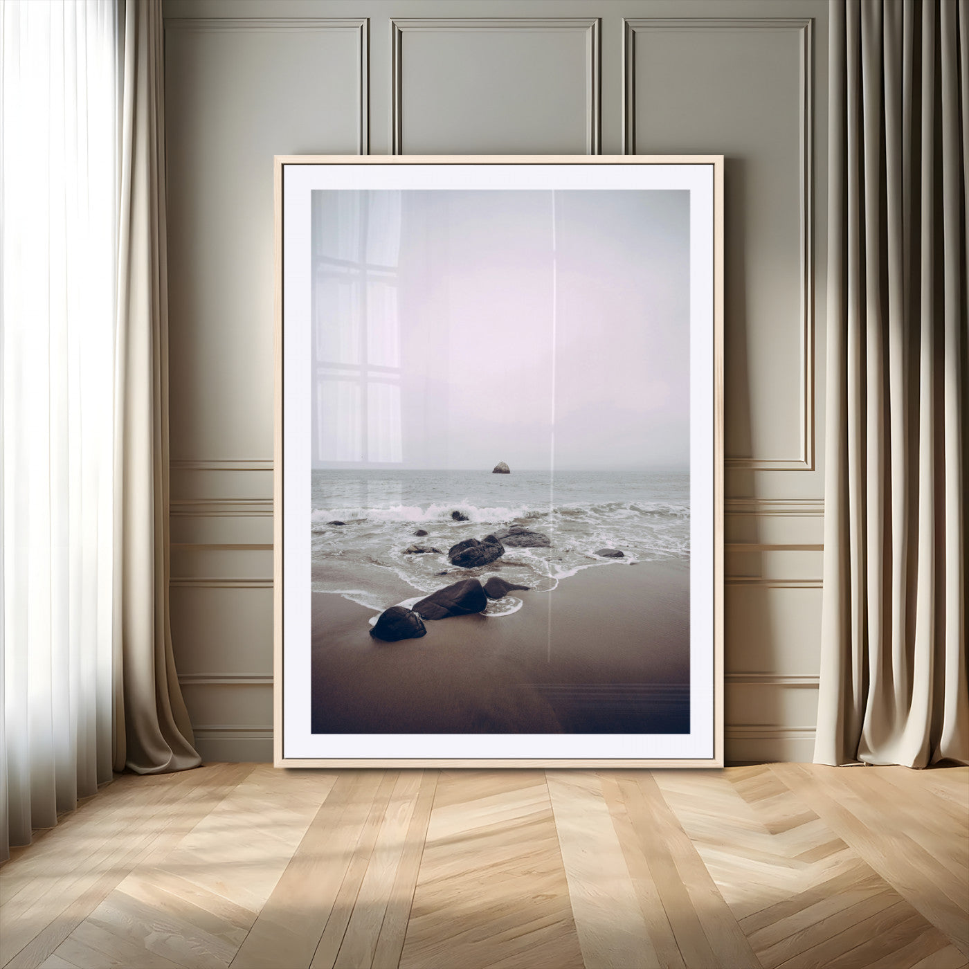 -Moody Seascape Wall Art Canvas Print – Framed Neutral Foggy Ocean Beach Nature Scene Artwork for Home Office