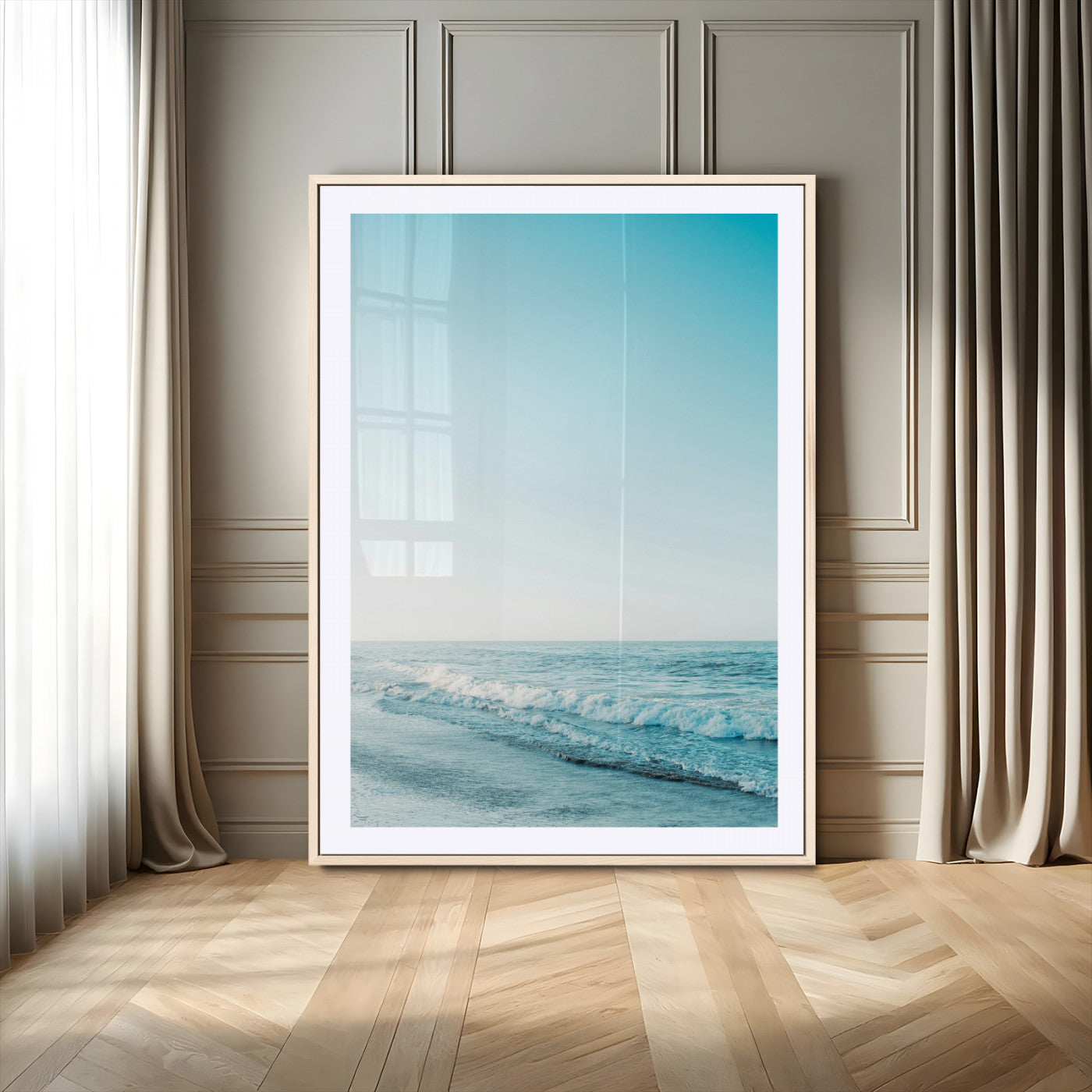 -Minimalist Ocean Wall Art Canvas Print – Framed Calm Seascape Soft Blue Tones Nature Scene Artwork for Home Office