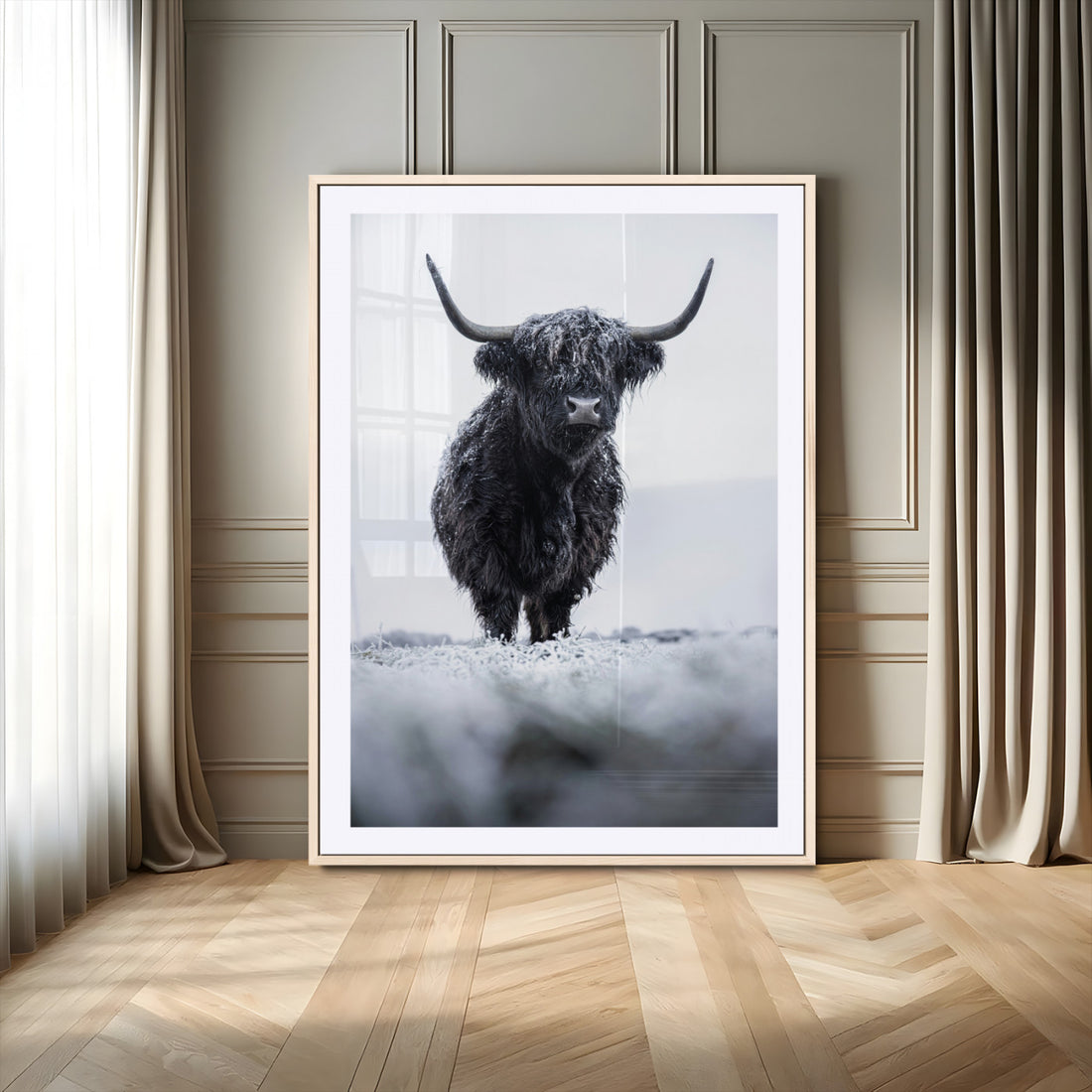 Frosty Black Highland Cow Wall Art Canvas Print, Framed Moody Winter Scottish Cattle