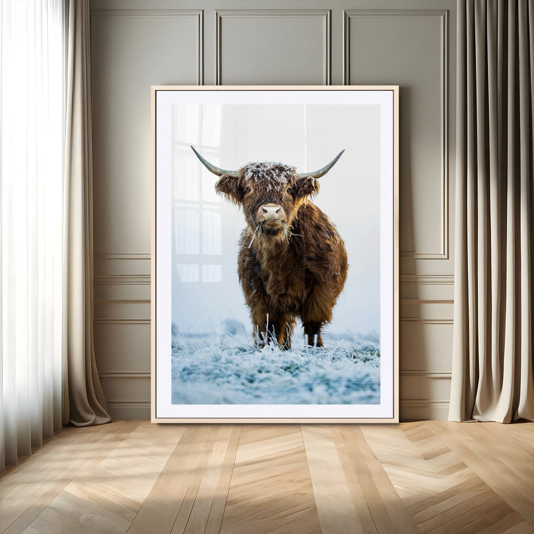 Highland Cow Wall Art Canvas Print, Framed Frosty Winter Farm Scene Artwork
