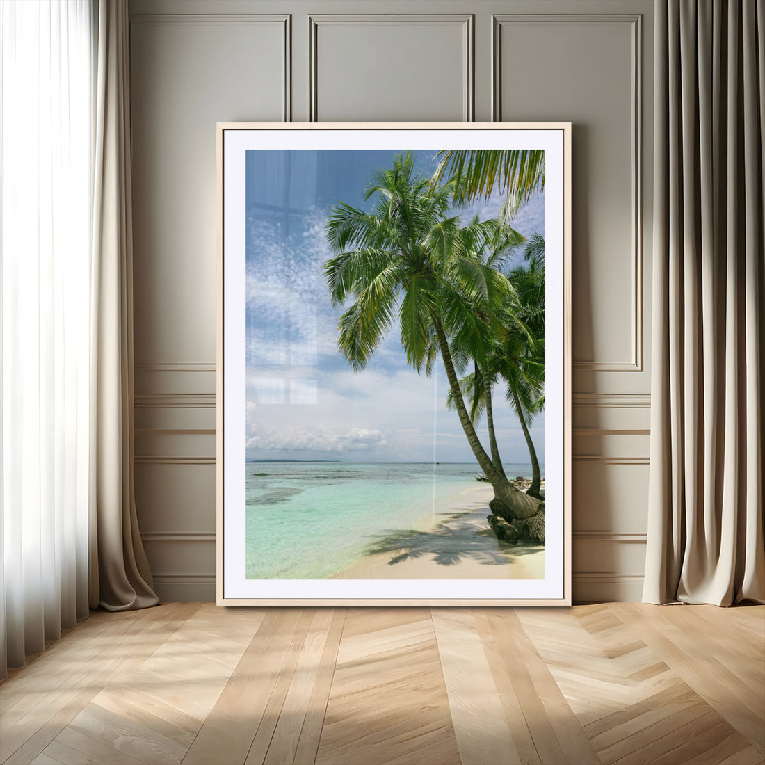 Tropical Beach Palm Trees Canvas Print, Framed Island Coastal Wall Art Ocean Horizon