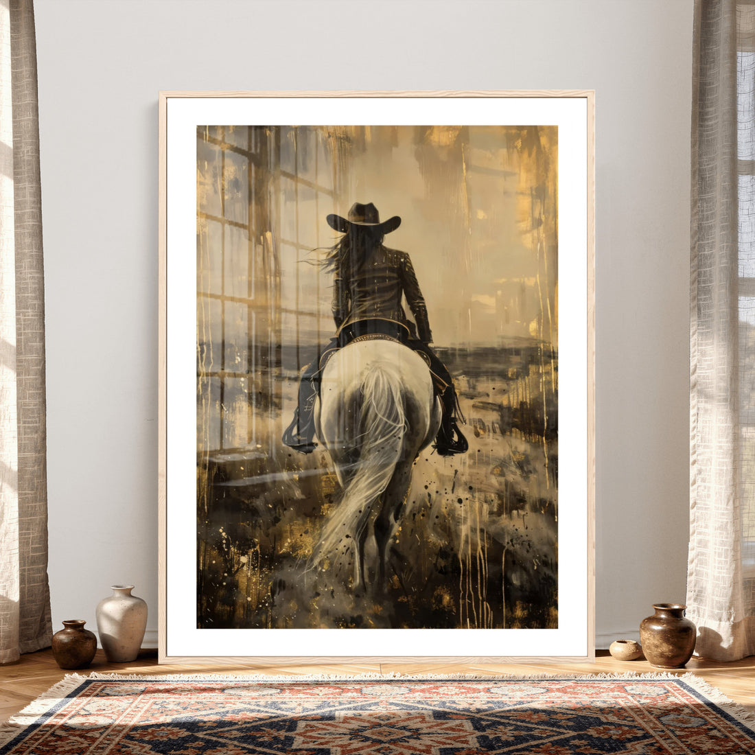 Cowgirl on Horse Wall Art Canvas Print, Western Equestrian Artwork for Farmhouse and Ranch Decor