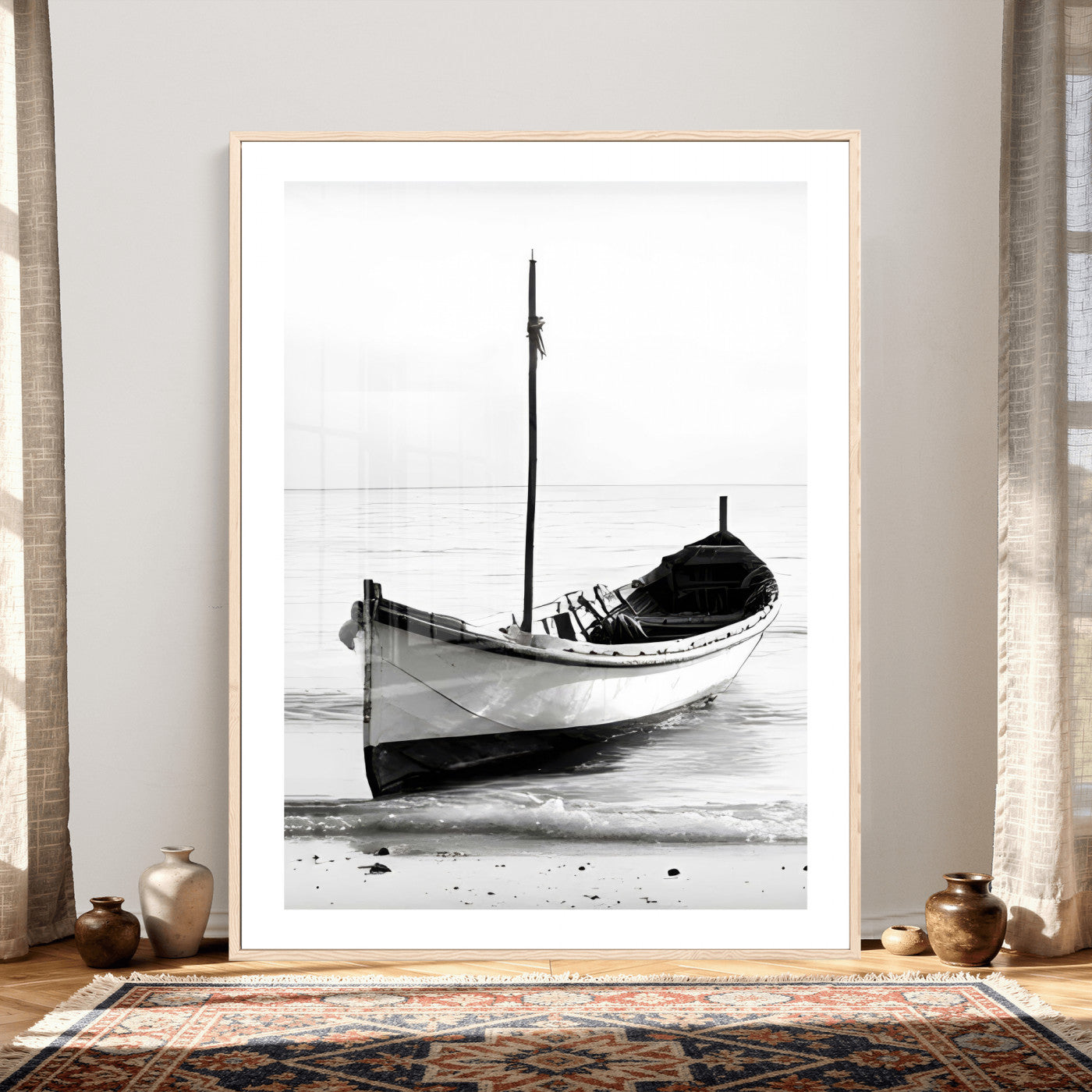 13080776-MGV-CV-24X36 - Minimal Boat Wall Art Canvas Print – Black and White Coastal Photography Artwork Print for Living Room, Bedroom, and Office Decor