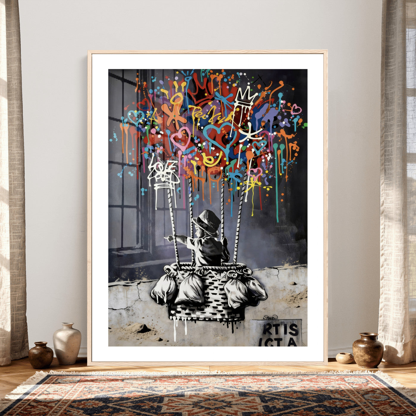 56325542-MGV-CV-24X36 - Banksy Inspired Boy Swing Wall Art Canvas Print, Graffiti Balloon Hearts Street Art, Colorful Urban Mural Artwork for Modern Living Room Decor
