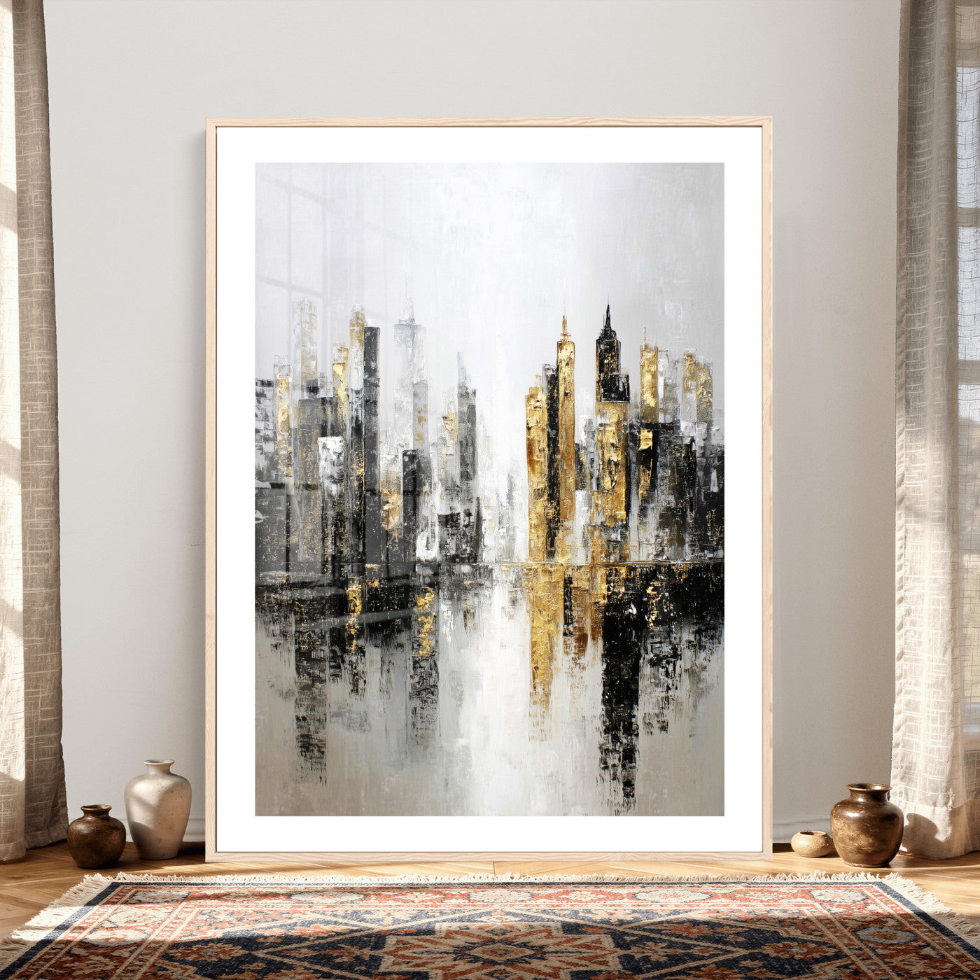 38126217-MGV-CV-24X36 - Abstract Urban Reflection Wall Art Canvas Print, Gold Black Modern Architecture Canvas Print, Contemporary Moody City Artwork for Living Room Decor