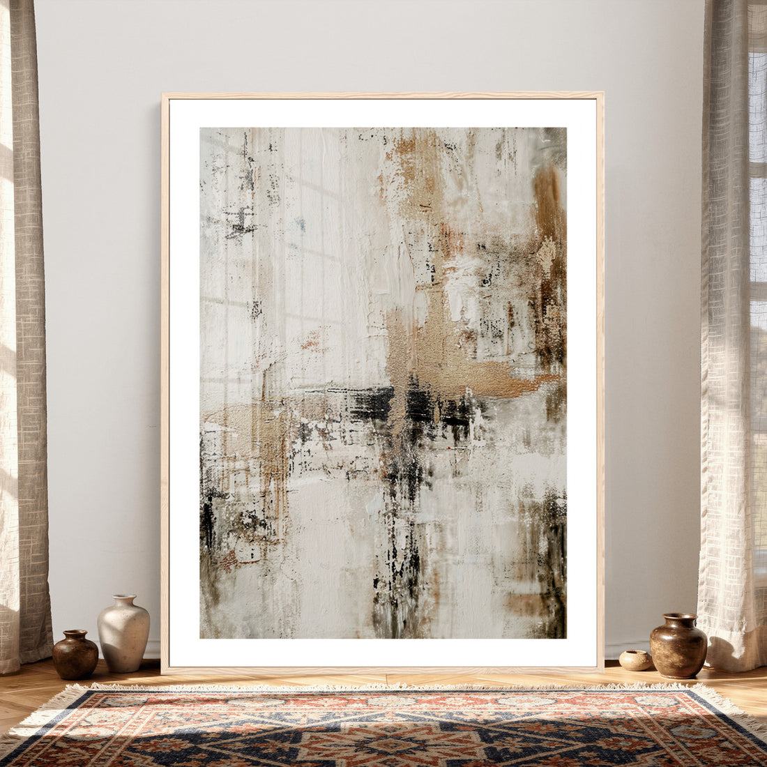 Neutral Abstract Wall Art Canvas Print, Beige Black Painterly Style Modern Art
