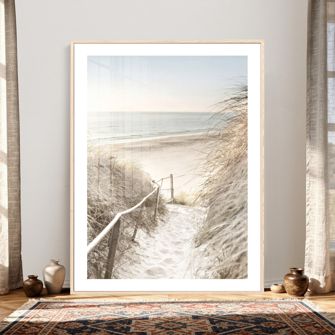 Coastal Beach Path Wall Art Canvas Print | Neutral Ocean Shore Landscape