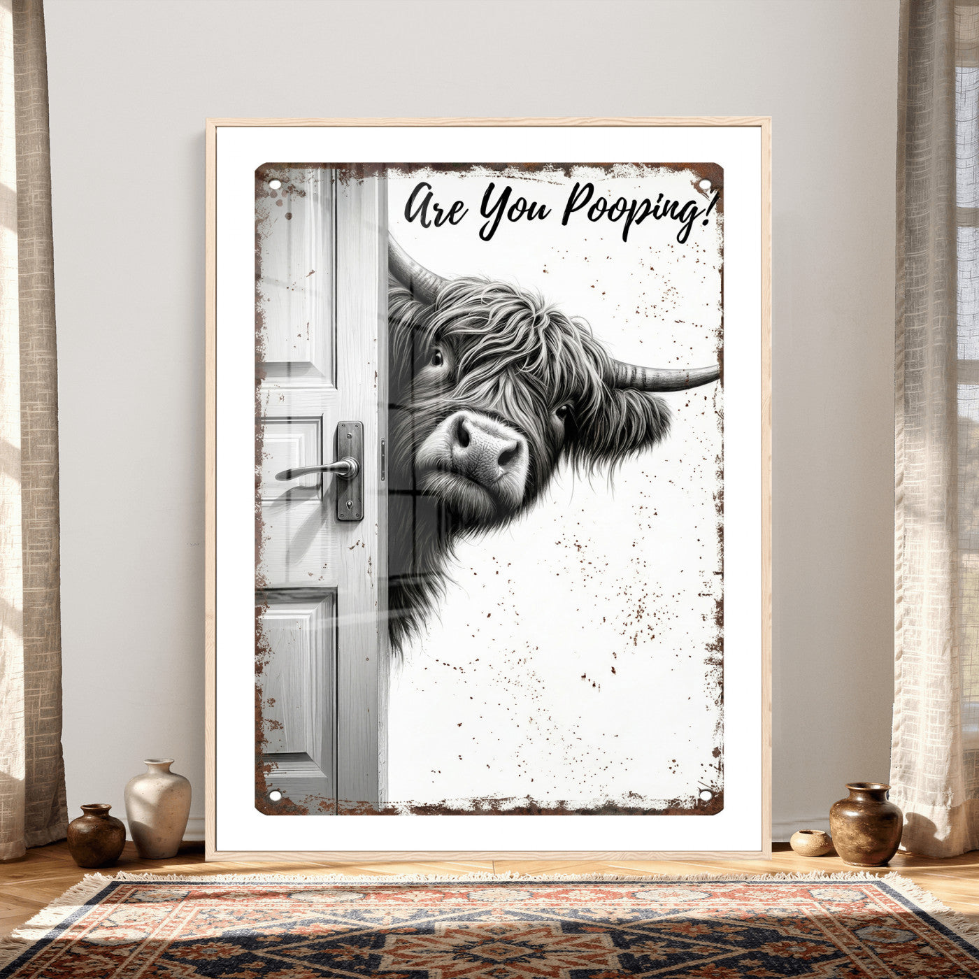 8151788G6-MGV-CV-24X36 - Funny Highland Cow Bathroom Wall Art Canvas Print, Are You Pooping Cow Sign, Rustic Farmhouse Bathroom Decor