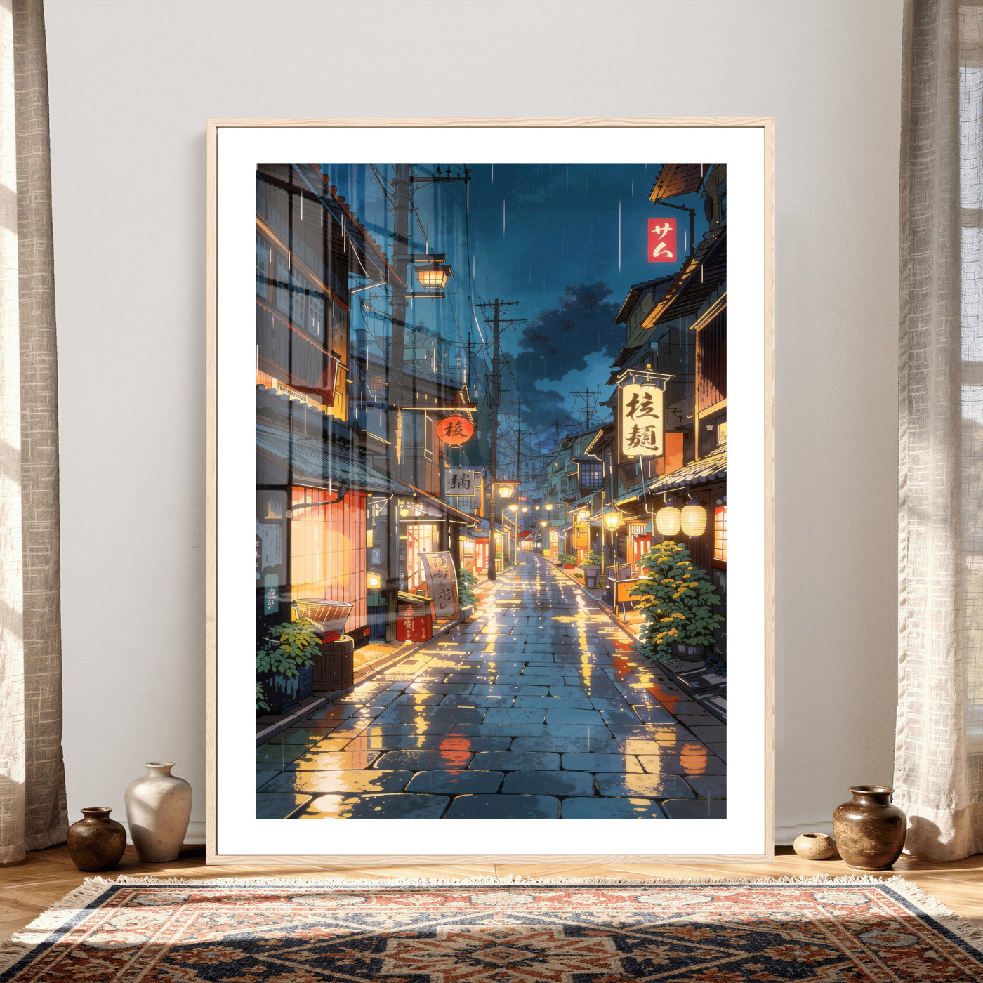 4712069J1-MGV-CV-24X36 - Tokyo Tea House Canvas Wall Art — Japan Rainy Night Street Print | Anime Style Decor | Japanese Tea House Art | Tokyo City Gift