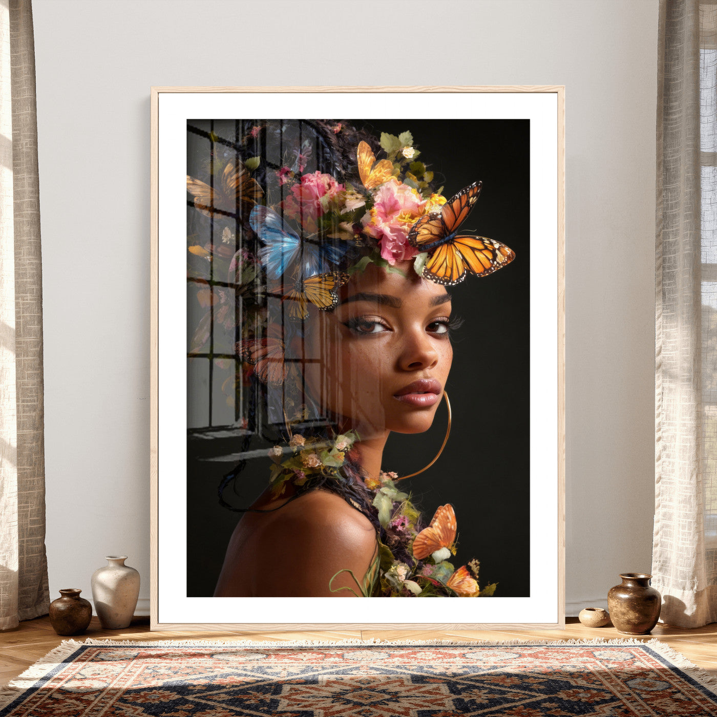 620930SZC10-MGV-CV-24X36 - Butterfly Crown Gold Woman Portrait — Monarch Queen Canvas Print | Teal Dark Fantasy Art | Boho Bedroom Wall Decor | Empowerment Gift Her