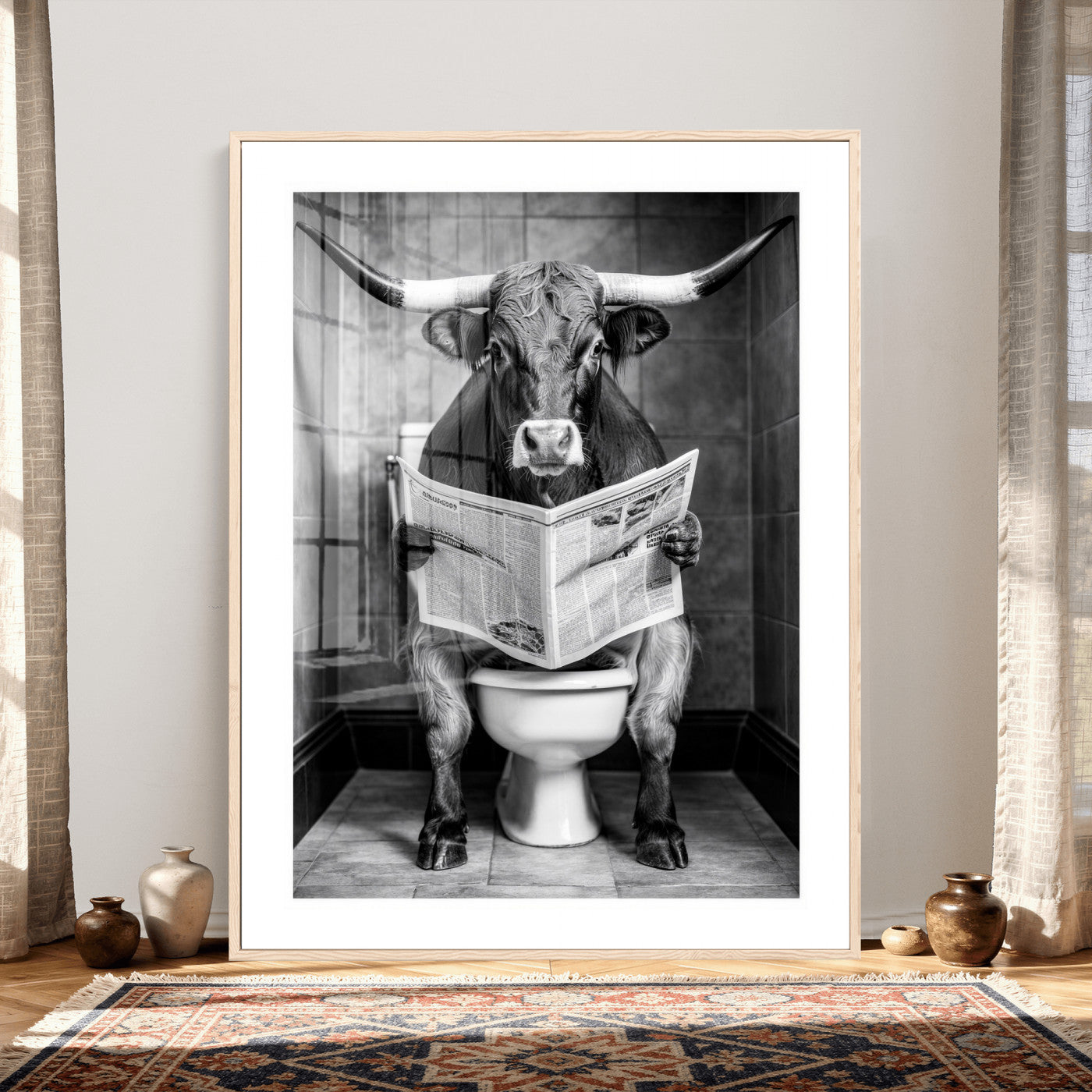 77994492-MGV-CV-24X36 - Texas Longhorn Cow Toilet Paper Canvas Wall Art, Funny Bathroom Black White Print, Cute Animal Humor Decor, Quirky Farmhouse Bathroom Art, Cow Lover Gift