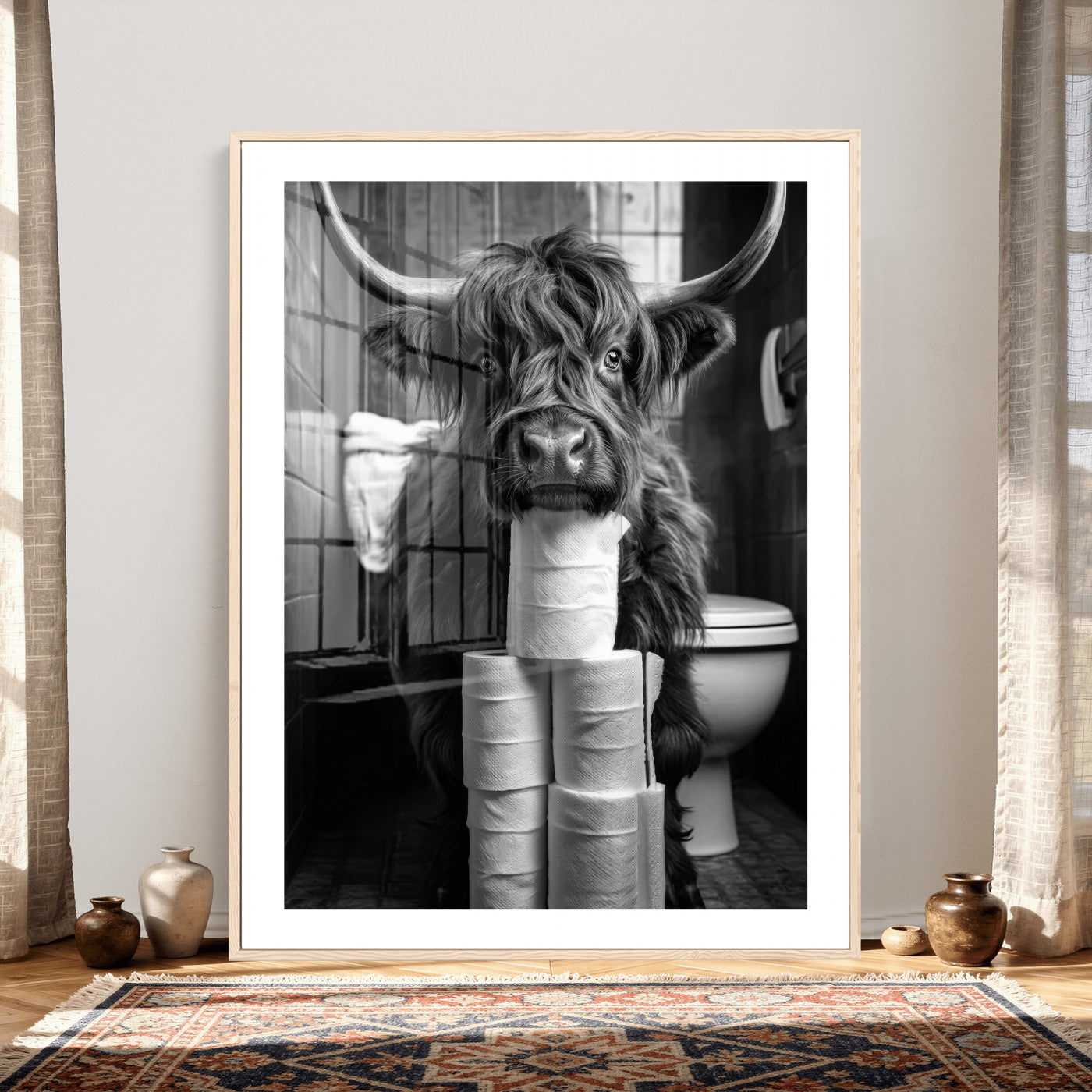 95909209-MGV-CV-24X36 - Highland Cow Toilet Paper Canvas Wall Art, Funny Bathroom Black White Print, Cute Animal Humor Decor, Quirky Farmhouse Bathroom Art, Cow Lover Gift