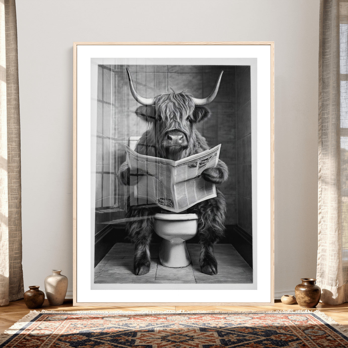 56930218-MGV-CV-24X36 - Funny Bathroom Canvas Wall Art, Texas Longhorn on Toilet Reading Newspaper, Humor Animal Print, Farmhouse Bathroom Decor, Quirky Cow Gift, Toilet Room Art