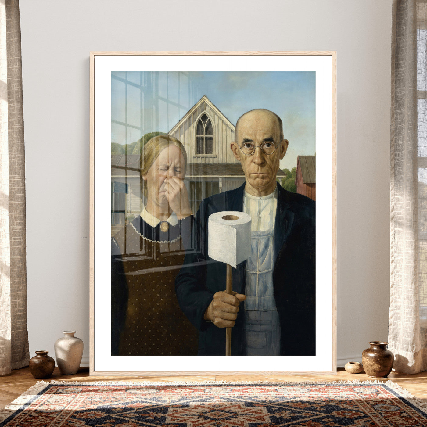 46805085-MGV-CV-24X36 - Funny Bathroom Canvas Wall Art, Grant Wood American Gothic Toilet Paper Parody Print, Humor Bathroom Decor, Classic Art Spoof, Quirky Housewarming Gift