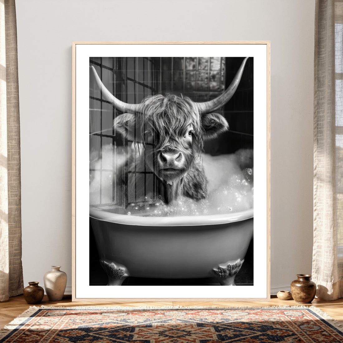 Highland Cow Bathtub Canvas Wall Art, Funny Bathroom Print