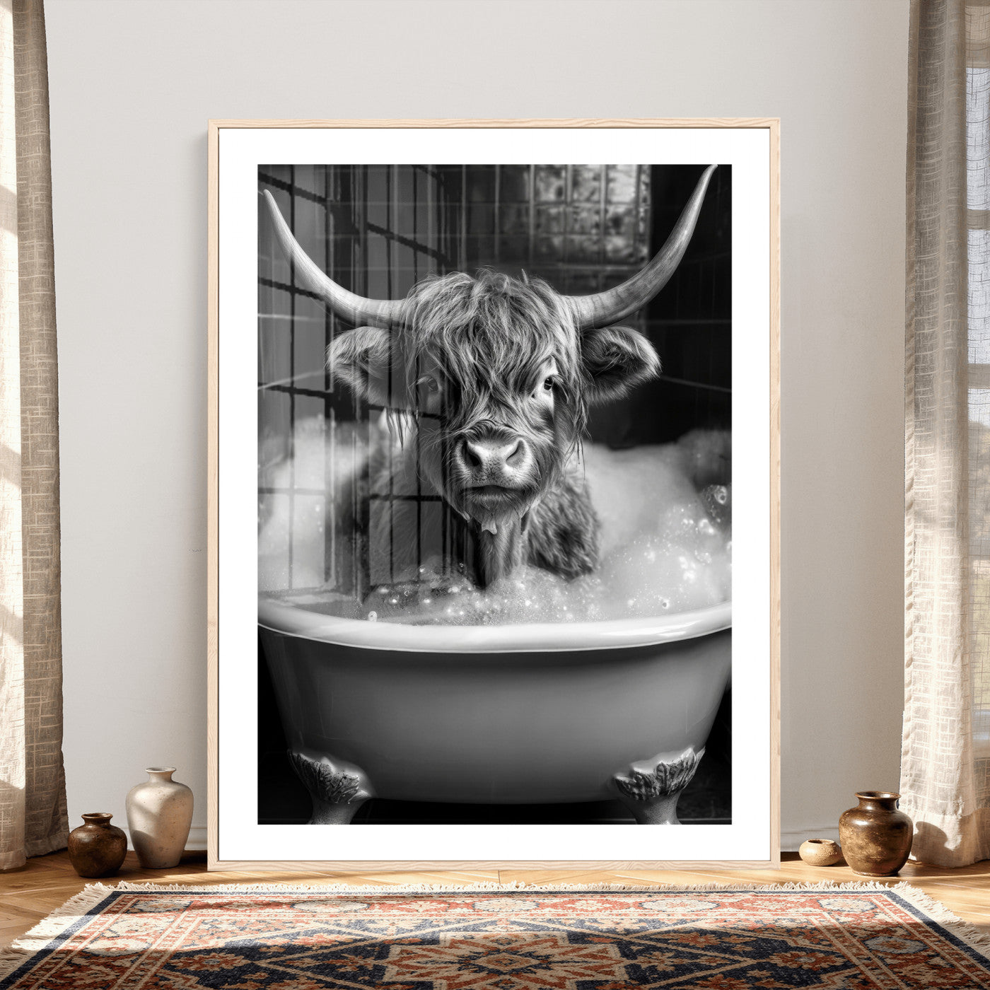 44020264-MGV-CV-24X36 - Highland Cow Bathtub Canvas Wall Art, Funny Bathroom Print Black White, Grumpy Cow Bubble Bath Decor, Animal Bathroom Art, Farmhouse Humor Print, Cute Cow Gift