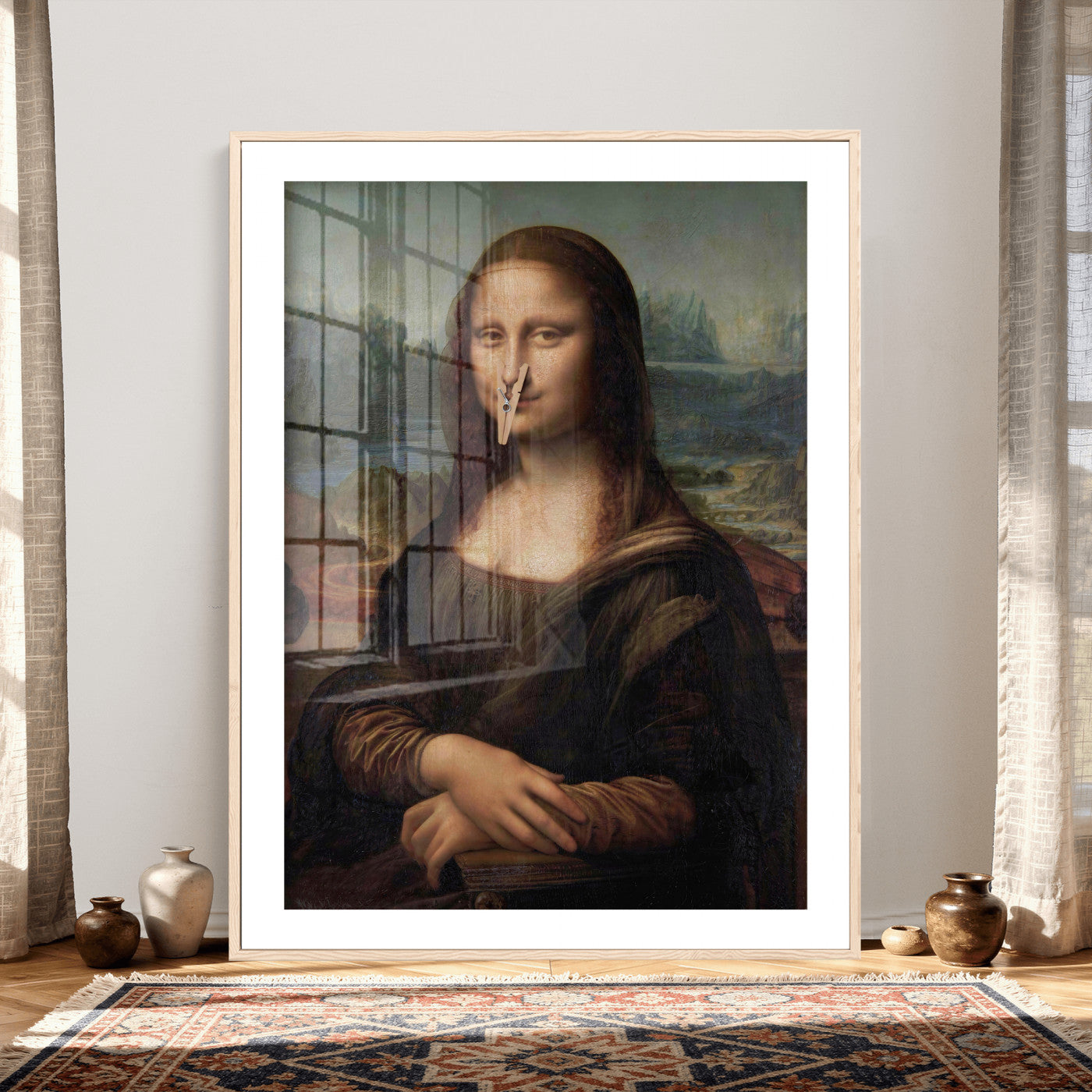 59125950-MGV-CV-24X36 - Funny Bathroom Canvas Wall Art Print, Mona Lisa Clothespin Nose Humor Decor, Classic Art Parody, Toilet Room Wall Art, Quirky Housewarming Gift, Eclectic Home Decor