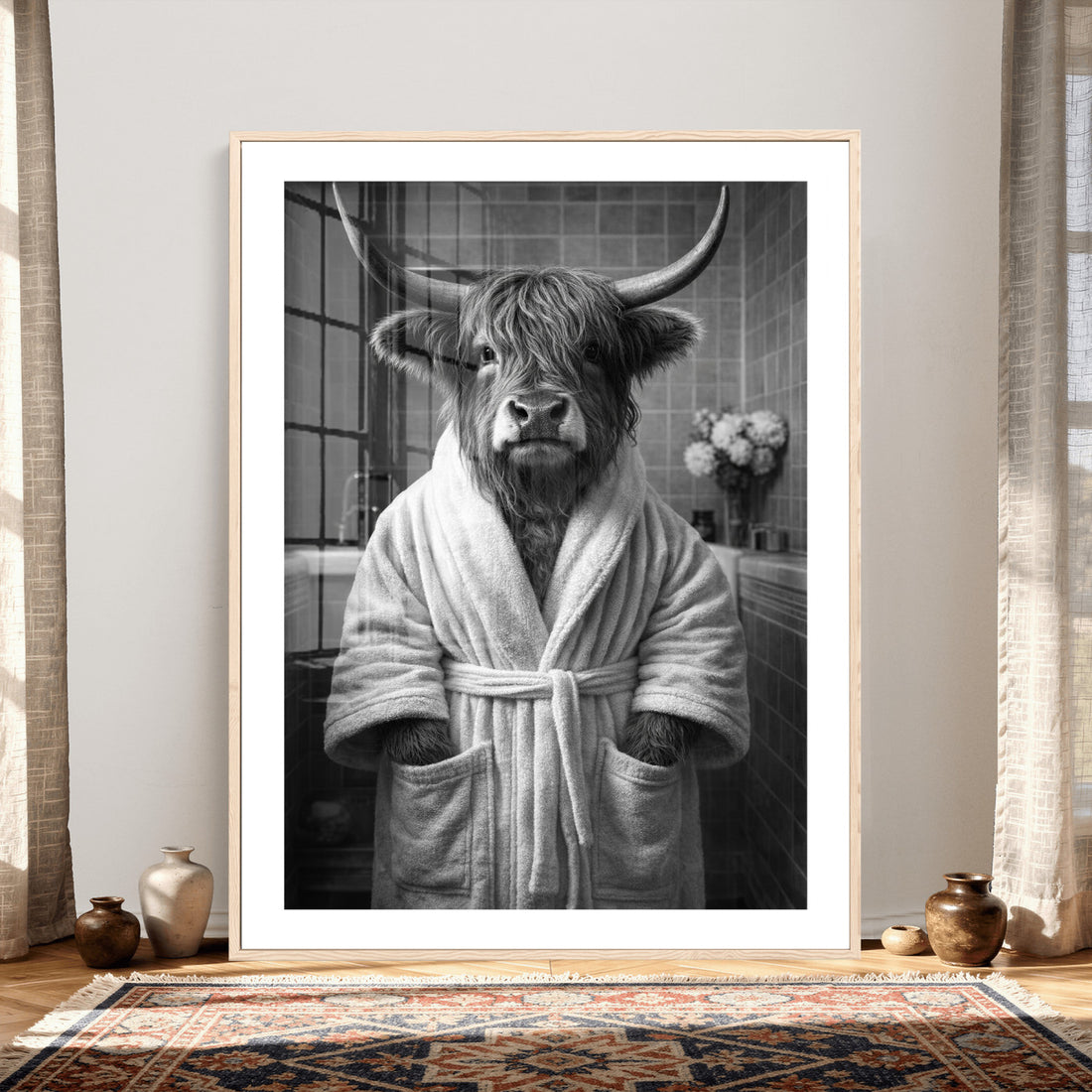 Funny Bathroom Wall Art Canvas Print, Highland Cow in Bathrobe
