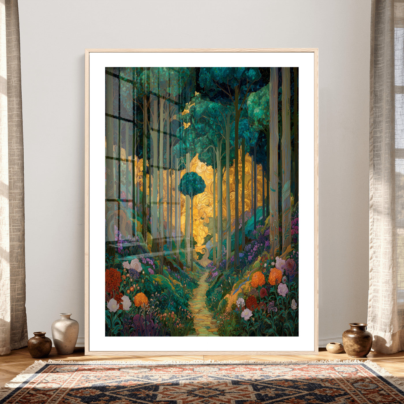 70159913-MGV-CV-24X36 - Gustav Klimt Style Forest Canvas Wall Art, Golden Forest Path Floral Art Nouveau Print, Enchanted Woodland Decor, Maximalist Colorful Nature Art