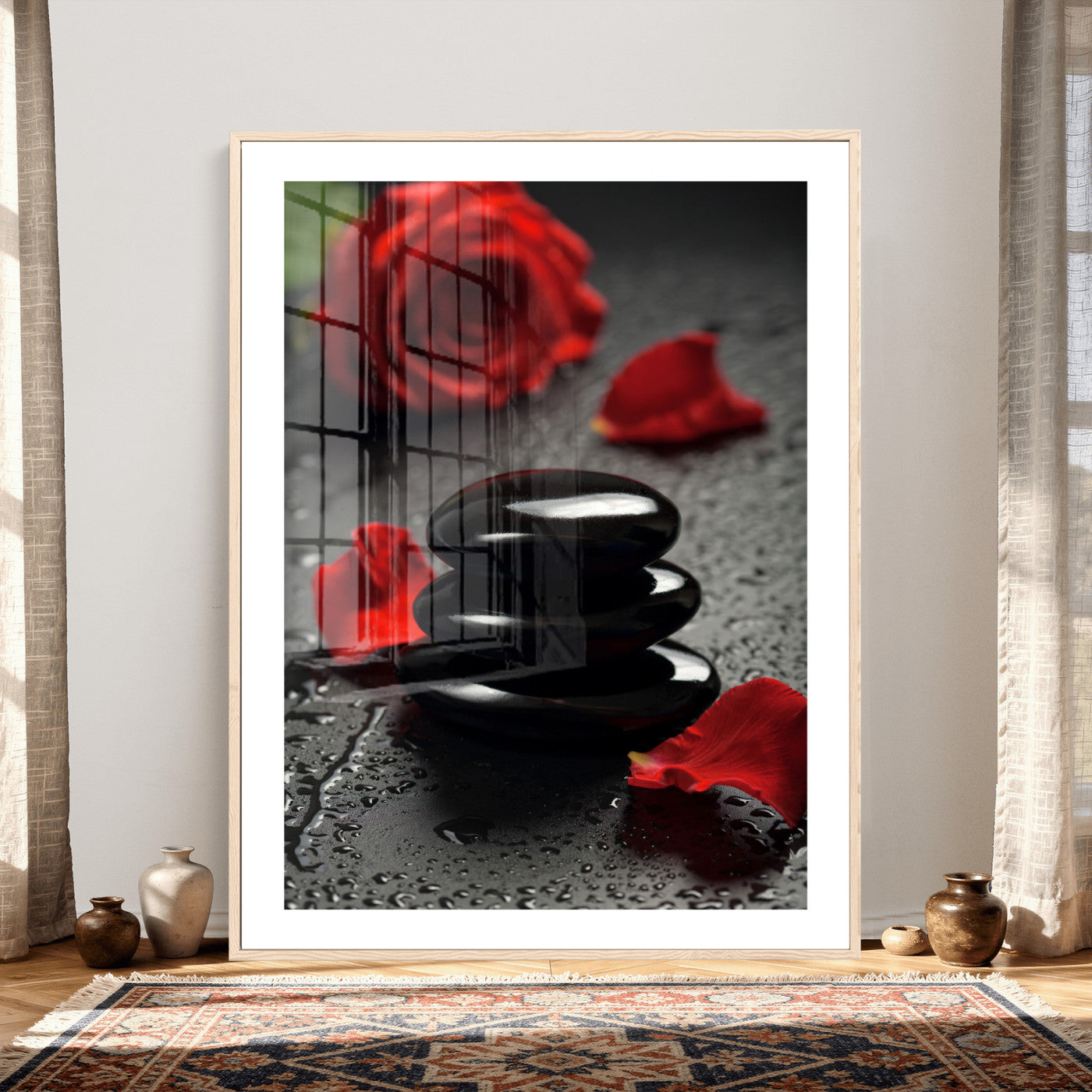37334763-MGV-CV-24X36 - Black Lava Stone Rose Canvas | Red Rose Spa Photography Print | Stacked Stones Dark Luxury Wall Art | Dramatic Bathroom Decor