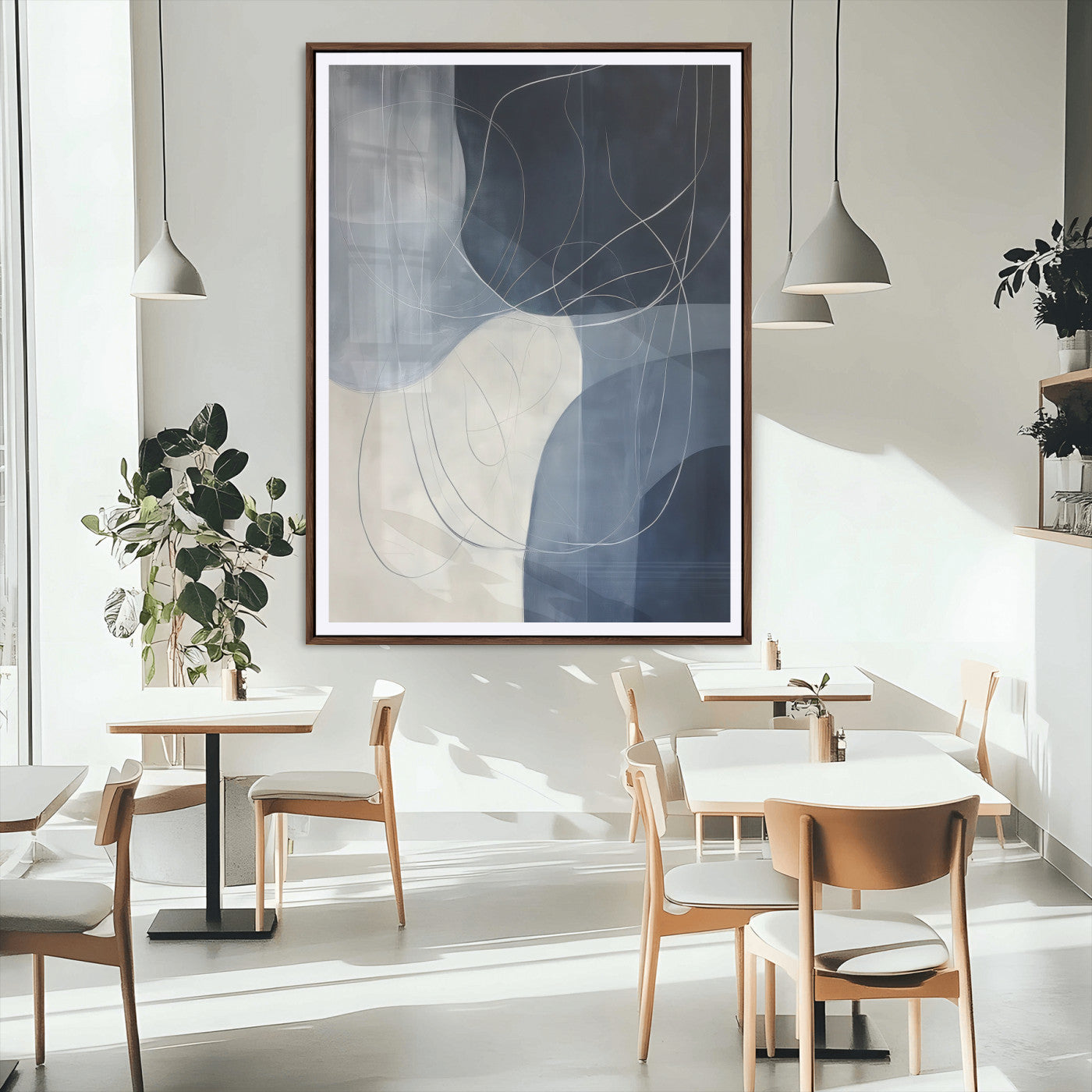 62566633-MGC-FP-24x36_Walnut-Navy Abstract Wall Art Canvas Print – Framed Minimal Lineart Shapes Modern Geometric Minimalist Artwork for Home Office