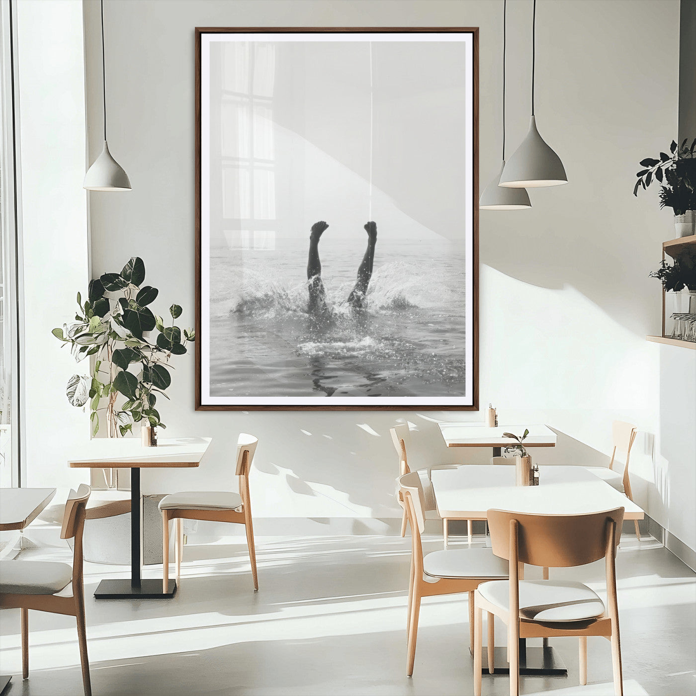 43900465-MGC-FP-24x36_Walnut-Minimal Ocean Wall Art Canvas Print – Framed Monochrome Diving Swimmer Sea Modern Coastal Minimal Artwork for Home Office