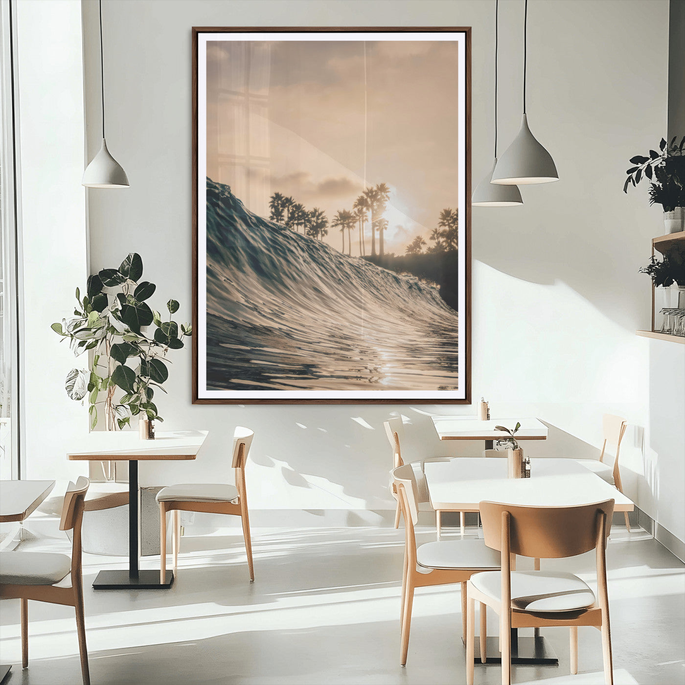 50270635-MGC-FP-24x36_Walnut-Golden Hour Ocean Wave Wall Art Canvas Print – Framed Tropical Beach Sunset Palm Silhouette Coastal Artwork for Home Office