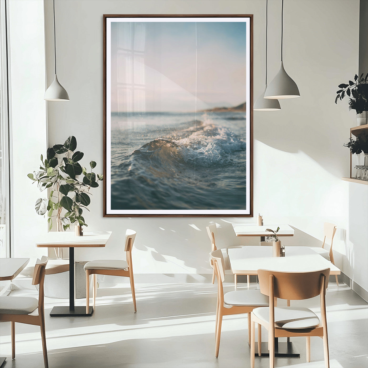 65283502-MGC-FP-24x36_Walnut-Ocean Waves Wall Art Canvas Print – Framed Coastal Serenity Golden Hour Modern Nature Scene Artwork for Home Office