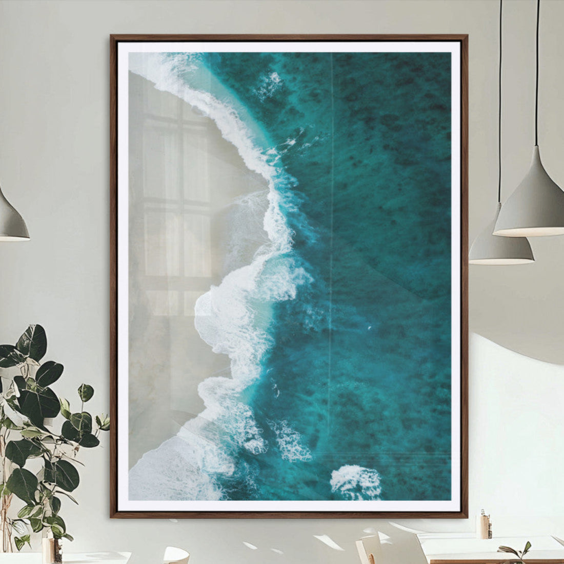 Aerial Ocean View Wall Art Canvas Print, Framed Coastal Serenity Art, Turquoise Waves Modern Coastal Decor