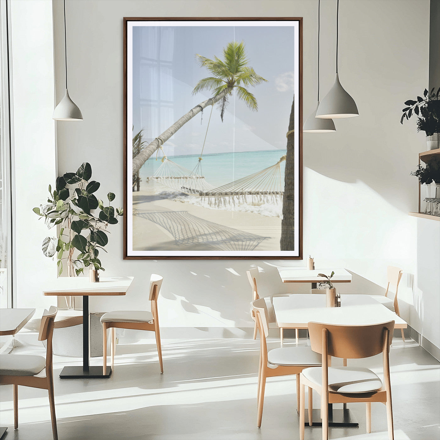 39927211-MGC-FP-24x36_Walnut-Beach Hammock Wall Art Canvas Print – Framed Tropical Paradise Coastal Serenity Artwork for Home Office