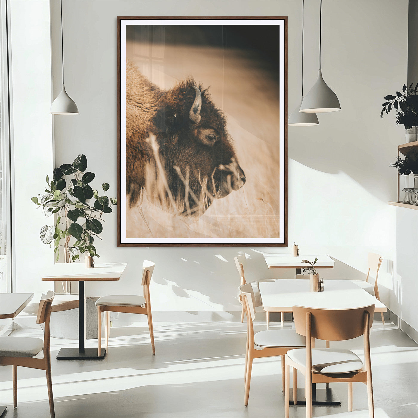 97970334-MGC-FP-24x36_Walnut-Bison Portrait Wall Art Canvas Print – Framed Western Prairie Serenity Landscape Artwork for Home Office