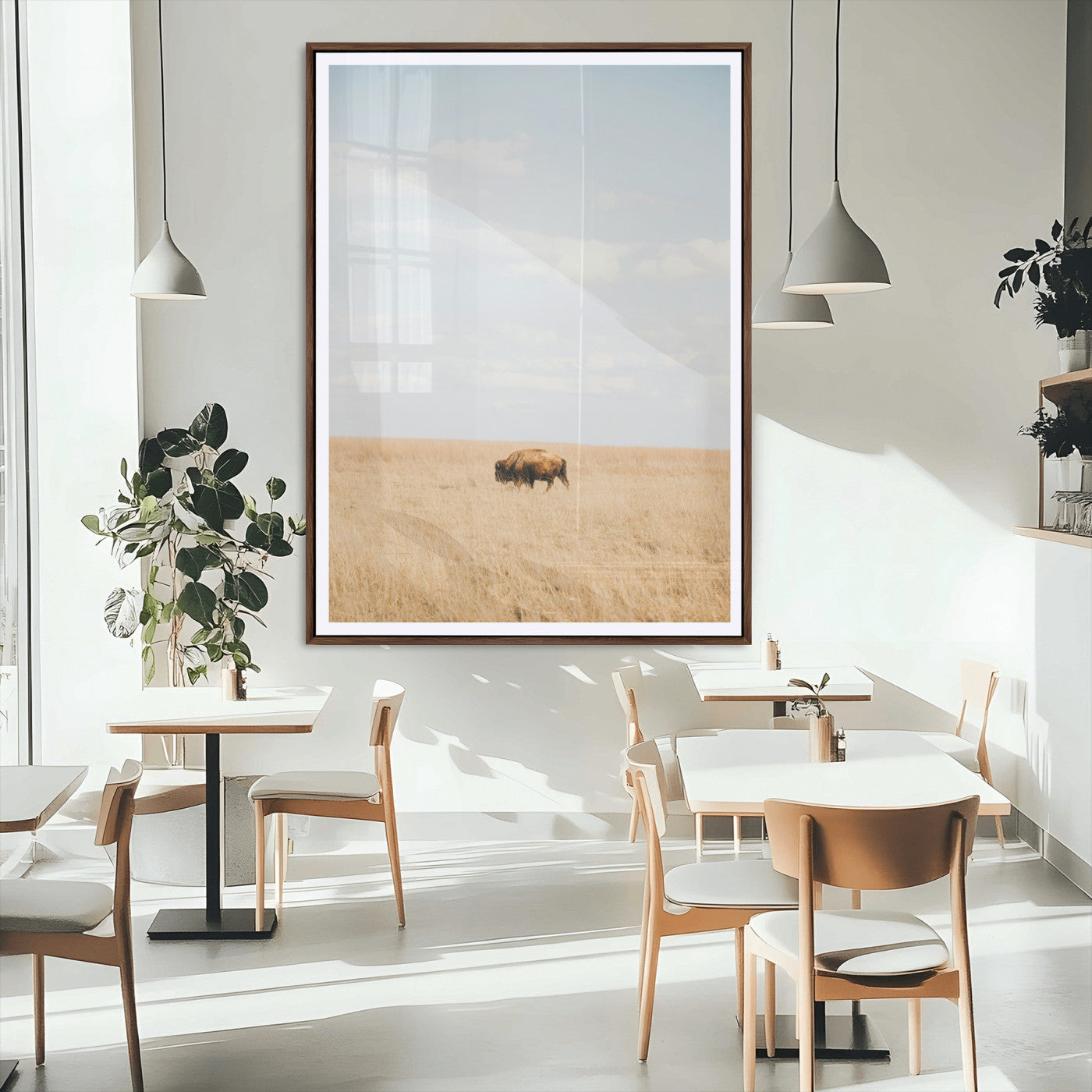 96766166-MGC-FP-24x36_Walnut-Minimalist Nature Wall Art Canvas Print – Framed Bison Grassland Open Field Nature Scene Artwork for Home Office