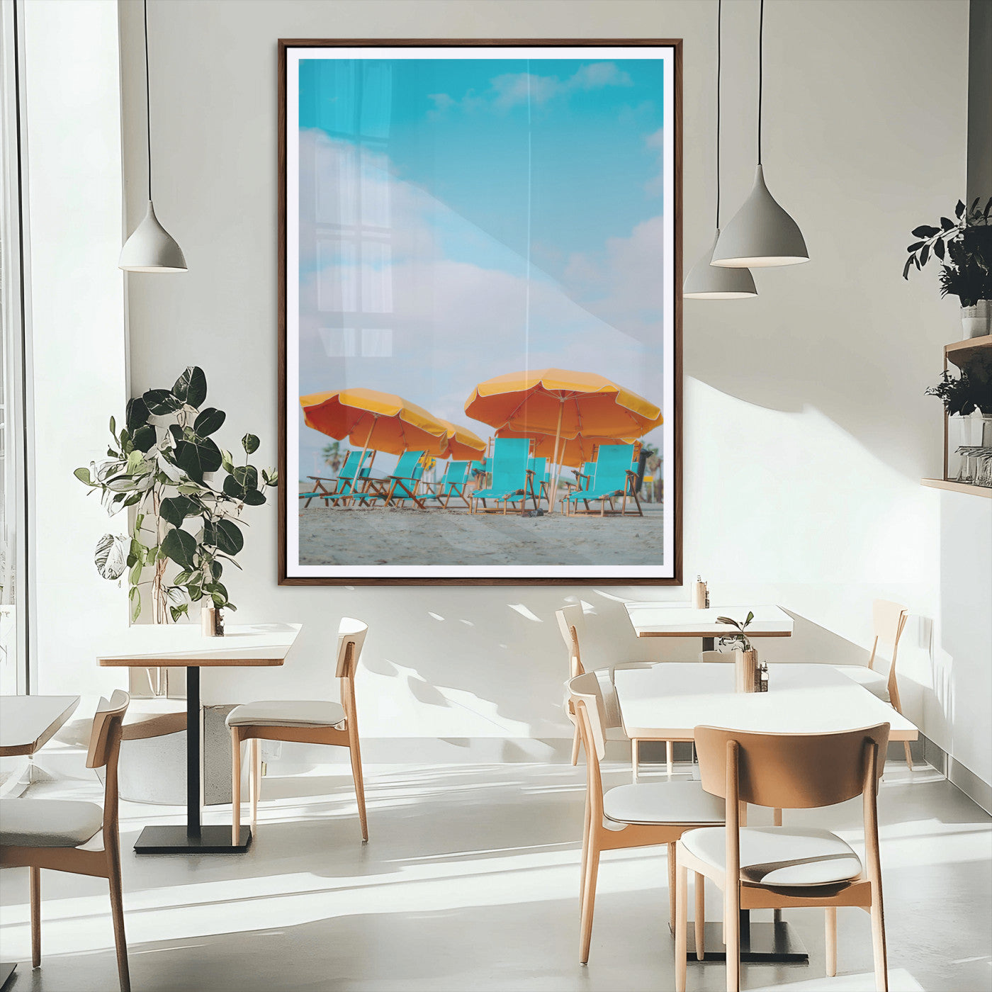 20422711-MGC-FP-24x36_Walnut-Beach Umbrellas Wall Art Canvas Print – Framed Tropical Coastal Paradise Nature Scene Artwork for Home Office