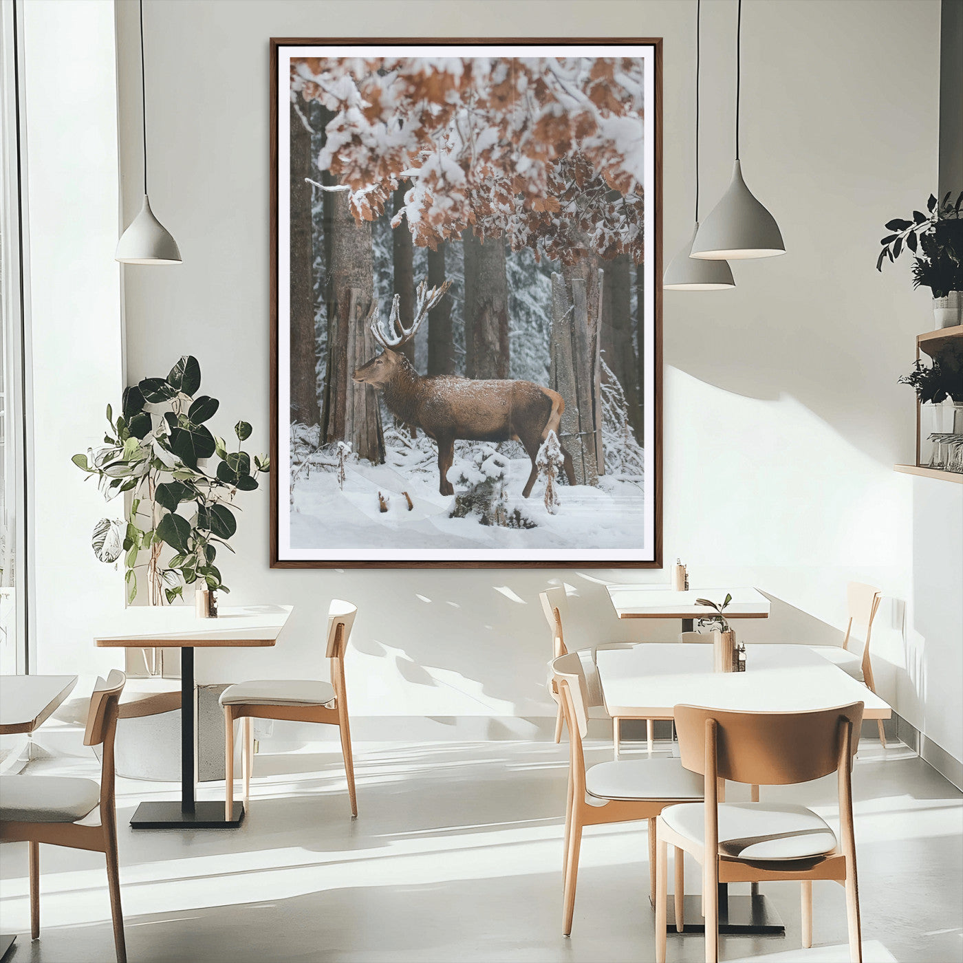 53001693-MGC-FP-24x36_Walnut-Serene Landscape Wall Art Canvas Print – Framed Winter Wonderland Deer Nature Scene Artwork for Home Office