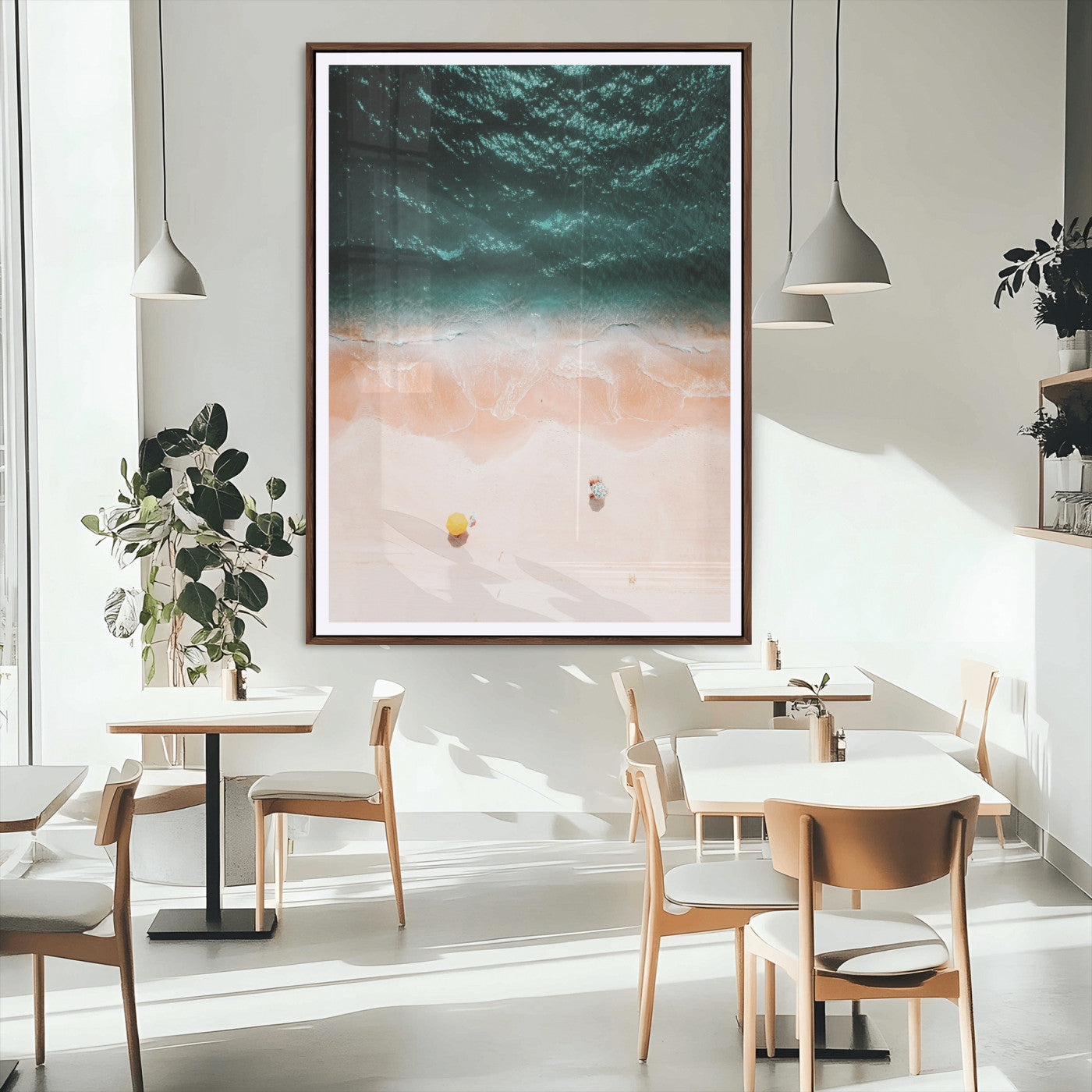 44468317-MGC-FP-24x36_Walnut-Aerial Serenity Wall Art Canvas Print – Gentle Waves Peach Shore Yellow Umbrella Peaceful Beach Coastal Decor Artwork for Home