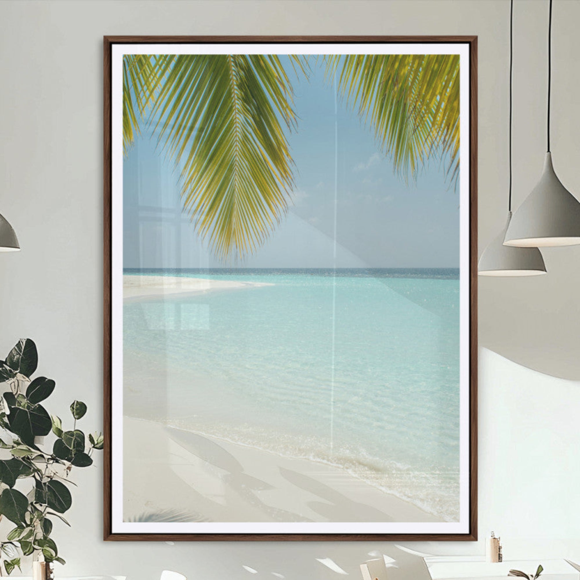90359351-MGC-FP-24x36_Walnut-Azure Water Wall Art Canvas Print – Tranquil Island Escape Clear Blue Ocean Minimalist Coastal Artwork for Home, Office